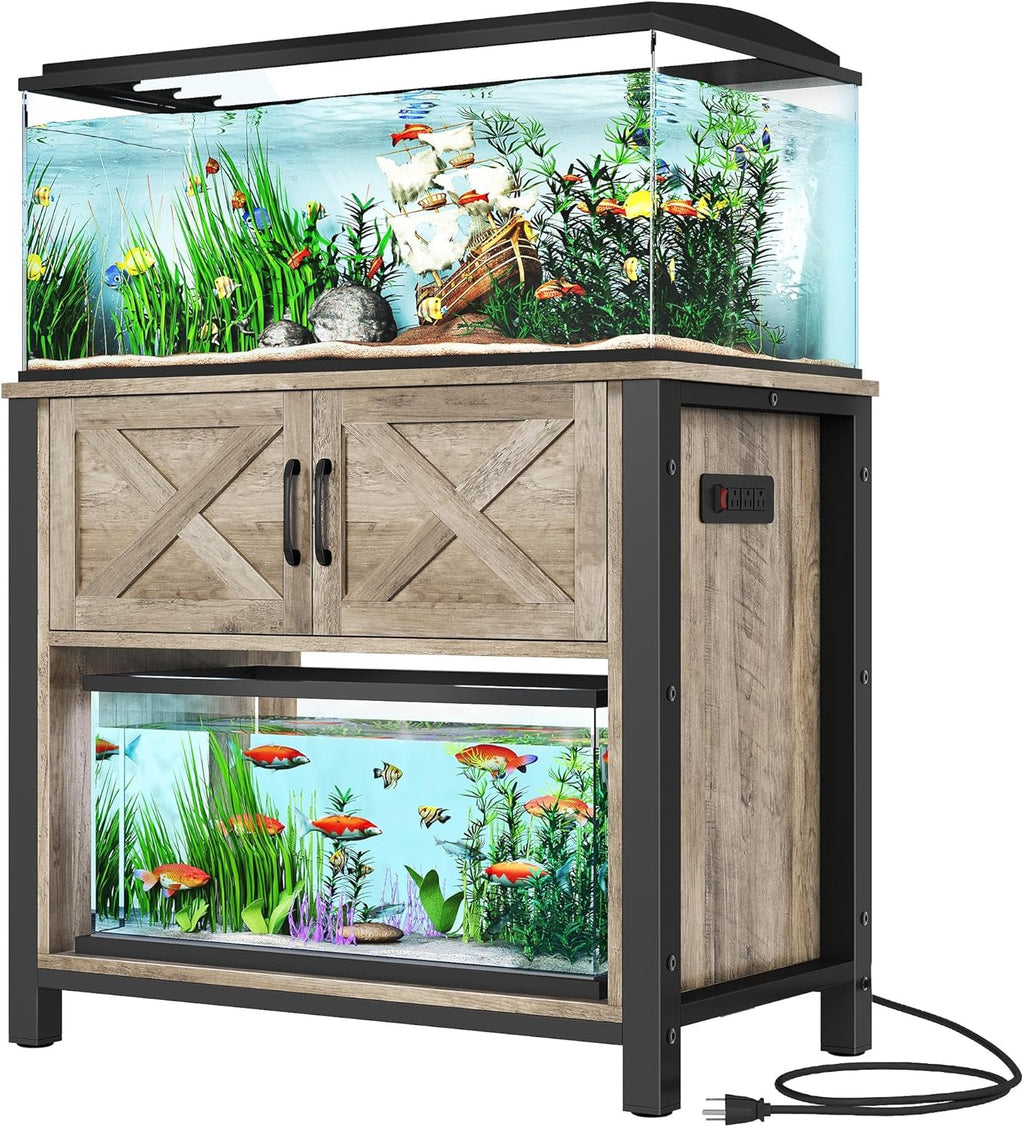 DWVO Heavy Duty Metal Aquarium Stand with Power Outlets, Cabinet for Fish Tank Accessories Storage - Suitable for 40-50 Gallon Fish Tank Stand, Turtle, Reptile Terrarium, 660LBS Capacity, Grey