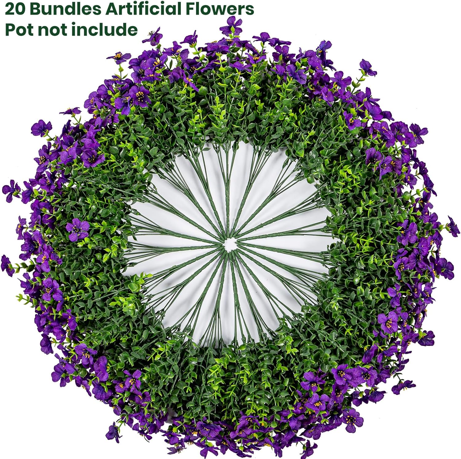 20 Bundles Artificial Flowers for Outdoor Fake Plants for Spring Decoration,Faux Eucalyptus Flowers for Planter UV Resistant Lifelike for Home Porch Garden（Purple）
