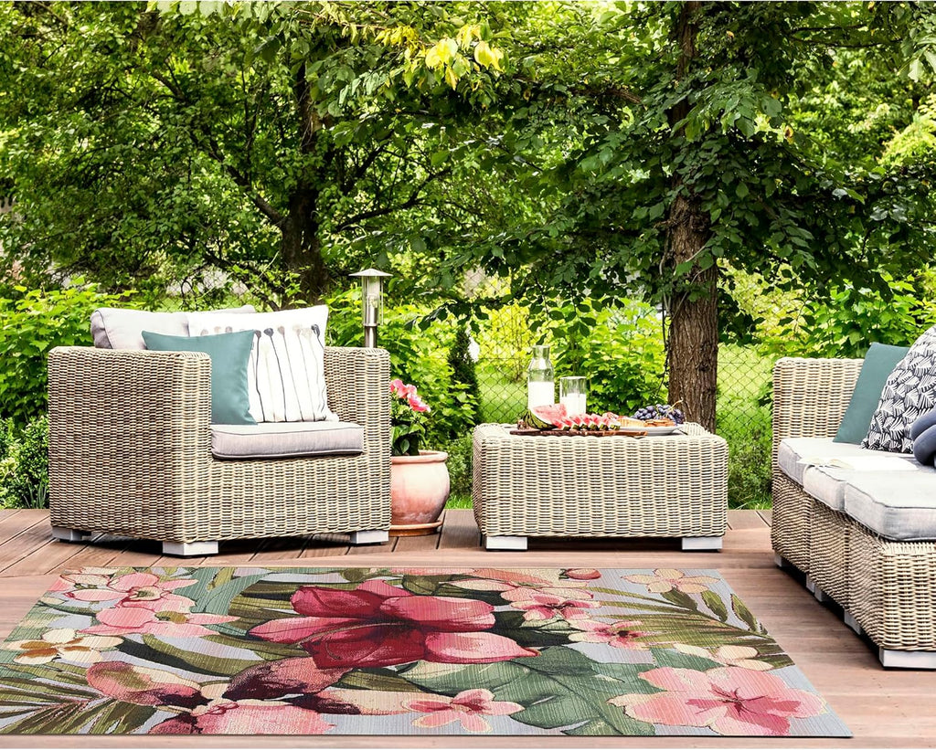 Liora Manne Marina Low Profile Durable Indoor/Outdoor Woven Rug- Tropical Floral Multi 6'6" x 9'4"