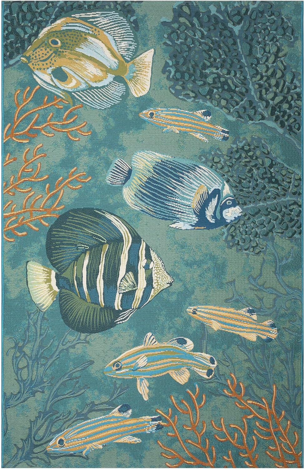 Liora Manne Marina Indoor/Outdoor Power Loomed Synthetic Blend Low Profile Area Rug - Transitional Graphic Coastal Animal Colorful (Fish Aqua) (6'6" x 9'4")