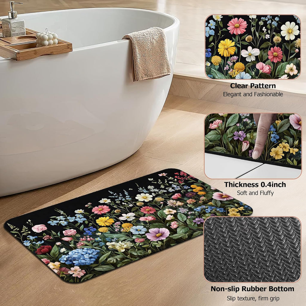 Bath Mat,Wildflowers Bathroom Rugs,Quick-Drying Non-Slip Rubber Bath Mats Botanical Absorbent Diatomaceous Earth Mat for Bathroom Home Decor 17"x29.5"