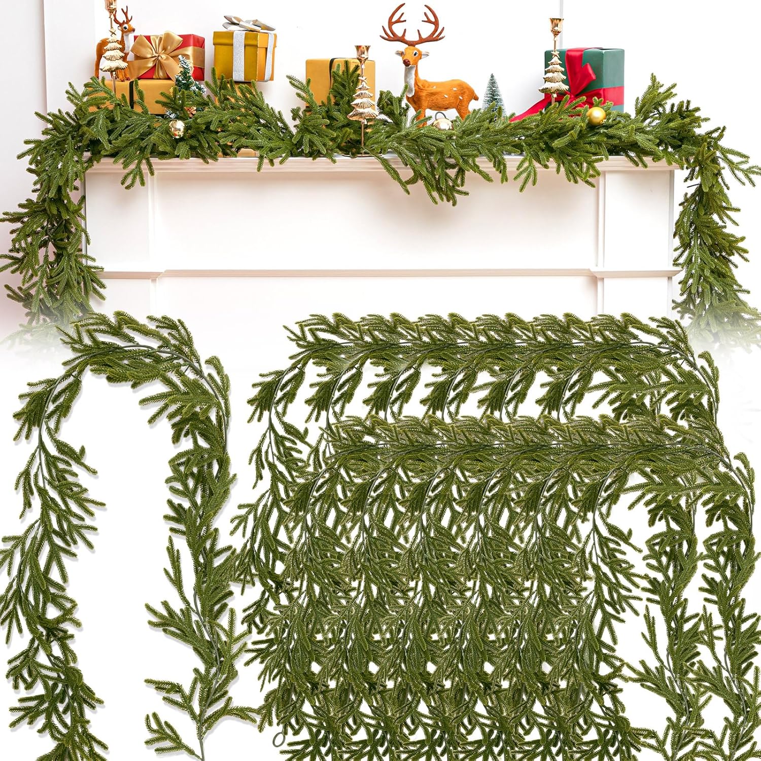 12 Pcs 5.6ft Artificial Christmas Garland Faux Norfolk Pine Garlands Realistic Leaves Hanging Greenery Plant for Christmas Table Fireplace Wall Mantle Indoor Xmas Decor