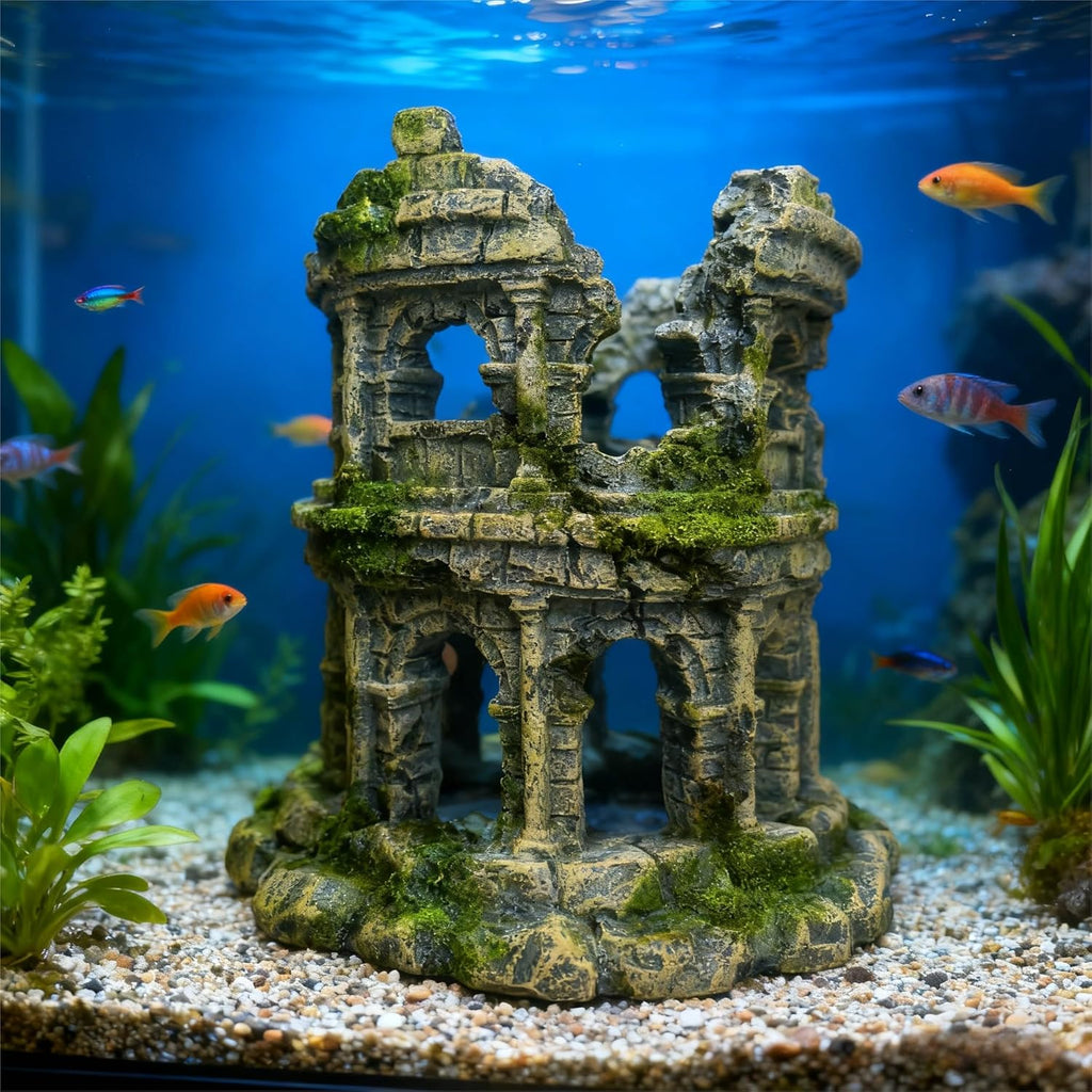 Round Roman Column Ruins Aquarium Decor, European Castle Fish Tank Hideout Rock, Antique Resin Ornament