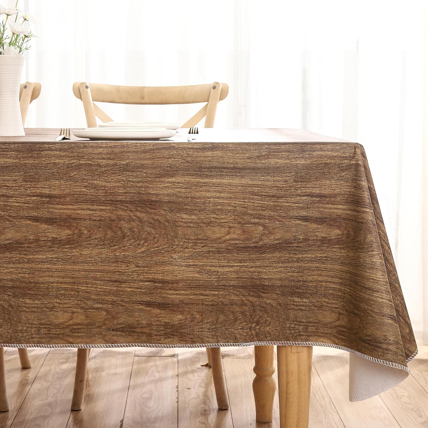 Walrus Heavy Duty Vinyl Tablecloth with Flannel Backing Waterproof Oil-Proof Plastic Table Cloth Stain-Resistant Wipeable Rectangle or Square Table Cover for Indoor and Outdoor (Wood, 52X70 Inch)