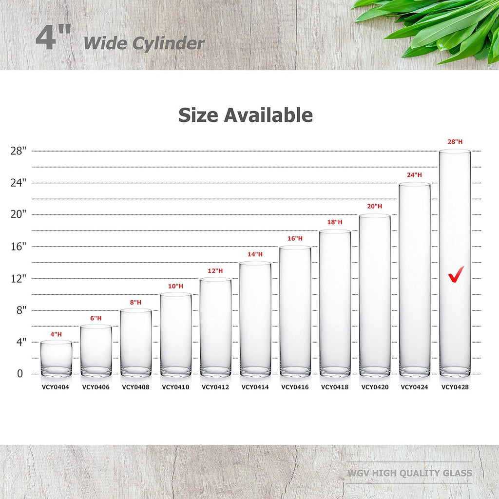 WGVI Quality Thick Weighted Tall Clear Cylinder Glass Vases, 4" W x 28" H, Flower Arrangement Floating Candle Holders Wedding Centerpieces Event Floral Container Display Décor, Bulk Wholesale, 6 Pcs