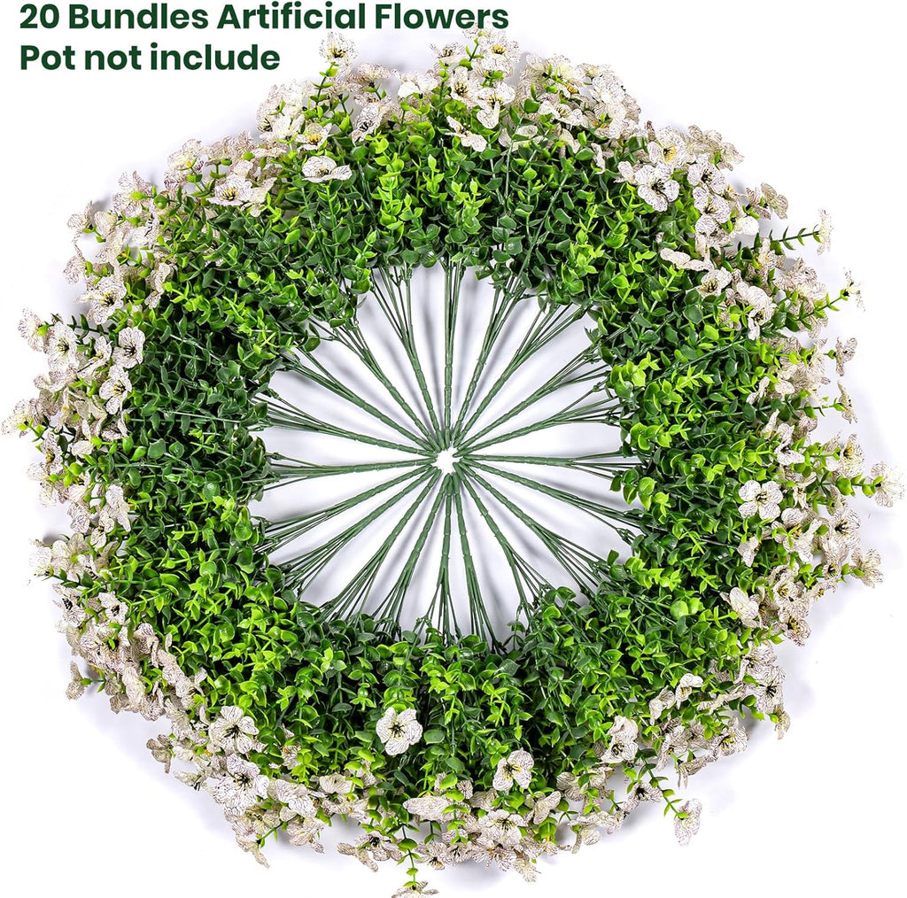 20 Bundles Artificial Flowers for Outdoor Fake Plants for Spring Decoration,Faux Eucalyptus Flowers for Planter UV Resistant Lifelike for Home Porch Garden（White）