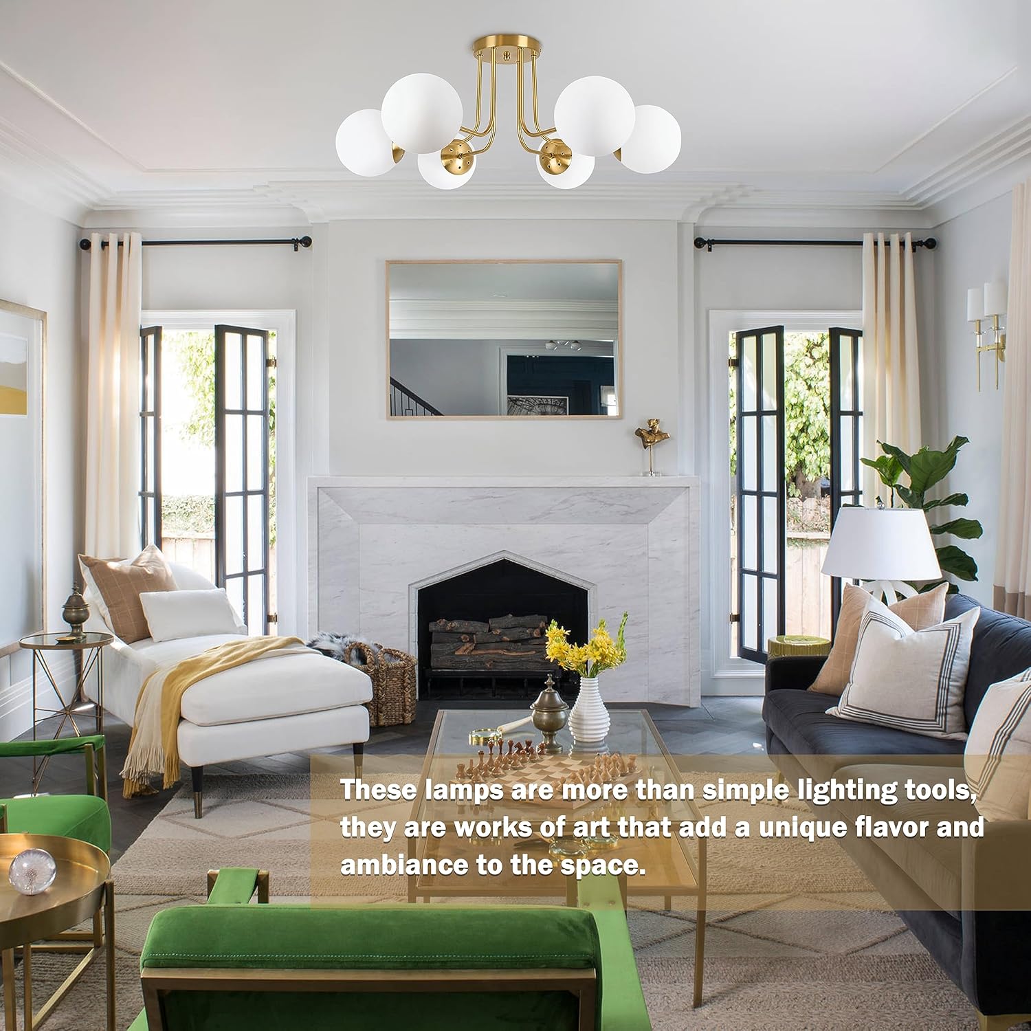 KoKo&Yukina 6-Light Mid Century Ceiling Light Modern Semi Flush Mount Ceiling Light Fixture Globe Ceiling Light with Milk Glass Shade Brushed Brass Finish for Bedroom Hallway Dining Room Living Room