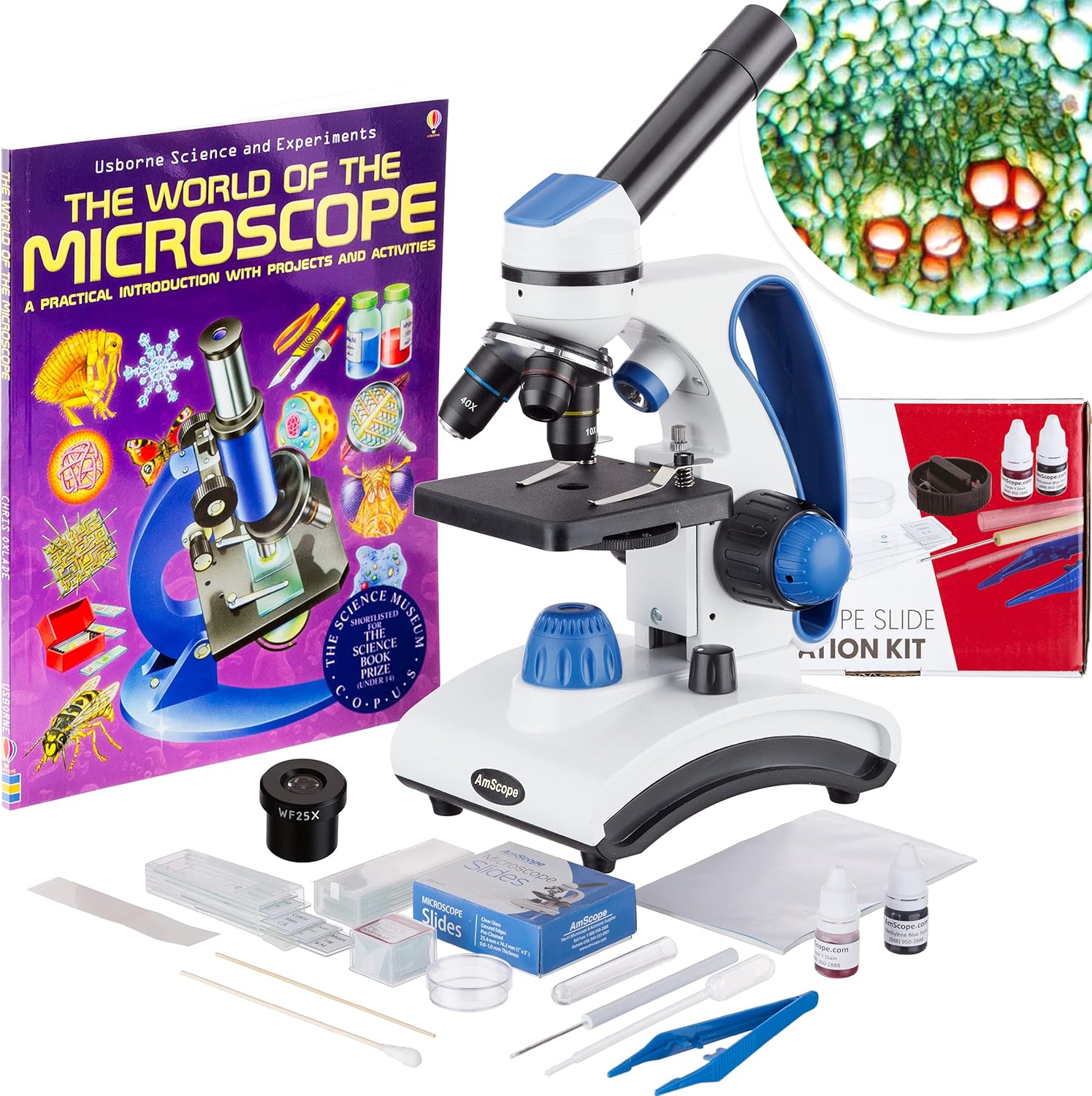 AmScope M162C-2L-WM-SP14-50P100S 40X-1000X Dual Light Glass Lens Metal Frame Student Microscope + Slides