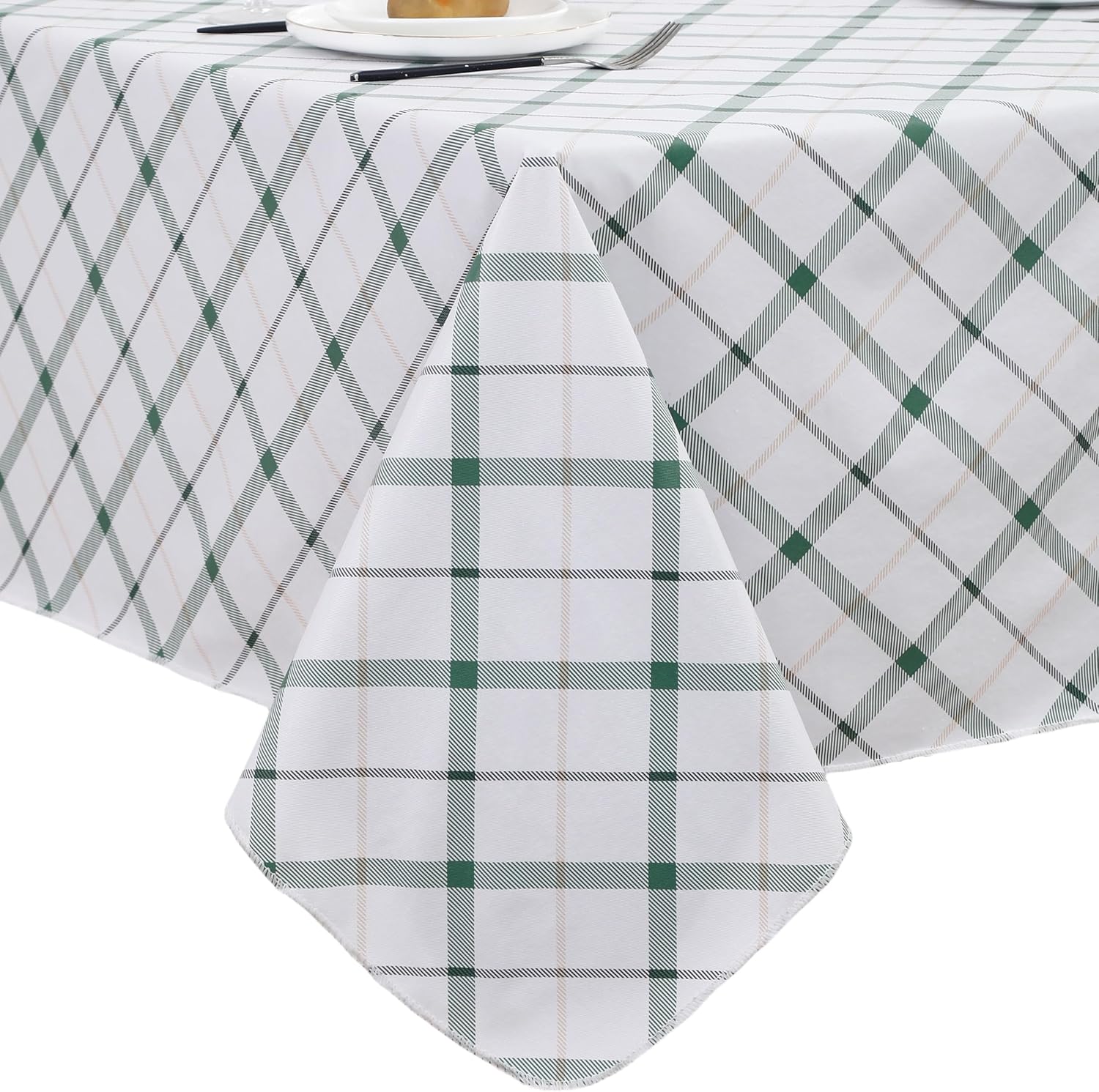Heavy Duty Vinyl Tablecloth with Flannel Backing Waterproof Oil-Proof Plastic Table Cloth Stain-Resistant Wipeable Rectangle or Square Table Cover for Indoor and Outdoor (Green Plaid,54x54 Inch)