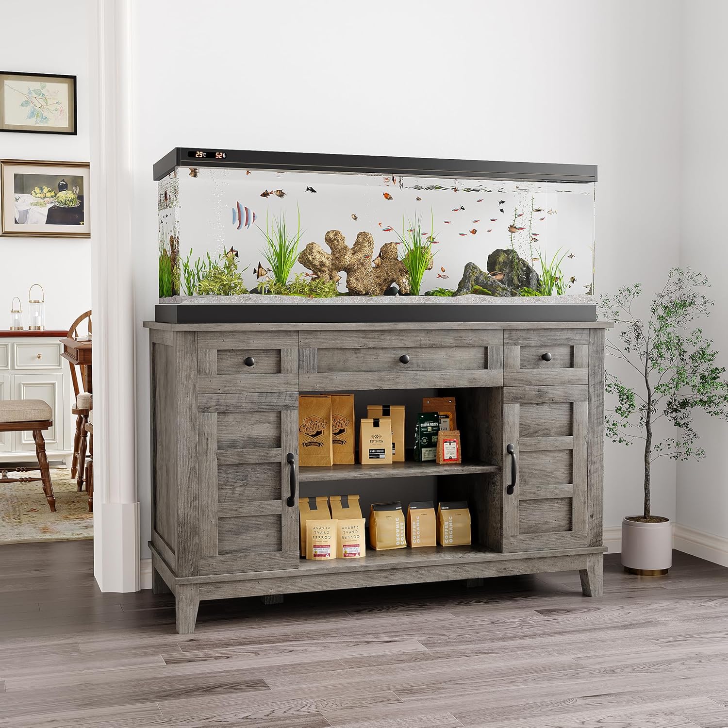Farmhouse 55-75 Gallon Fish Tank Stand, Aquarium Stand with Power Outlet, 1400LBS Heavy Duty Fish Tank with Stand for Fish/Turtle/Reptile Terrarium