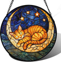 Stained Glass Window Hanging - Orange Moon Sleeping Cat Sun Catcher for Door Home Decor Blue Starry Sky Suncatcher Christmas Mother's Day Birthday Gifts for Women Men Mom Nana 11.8 in