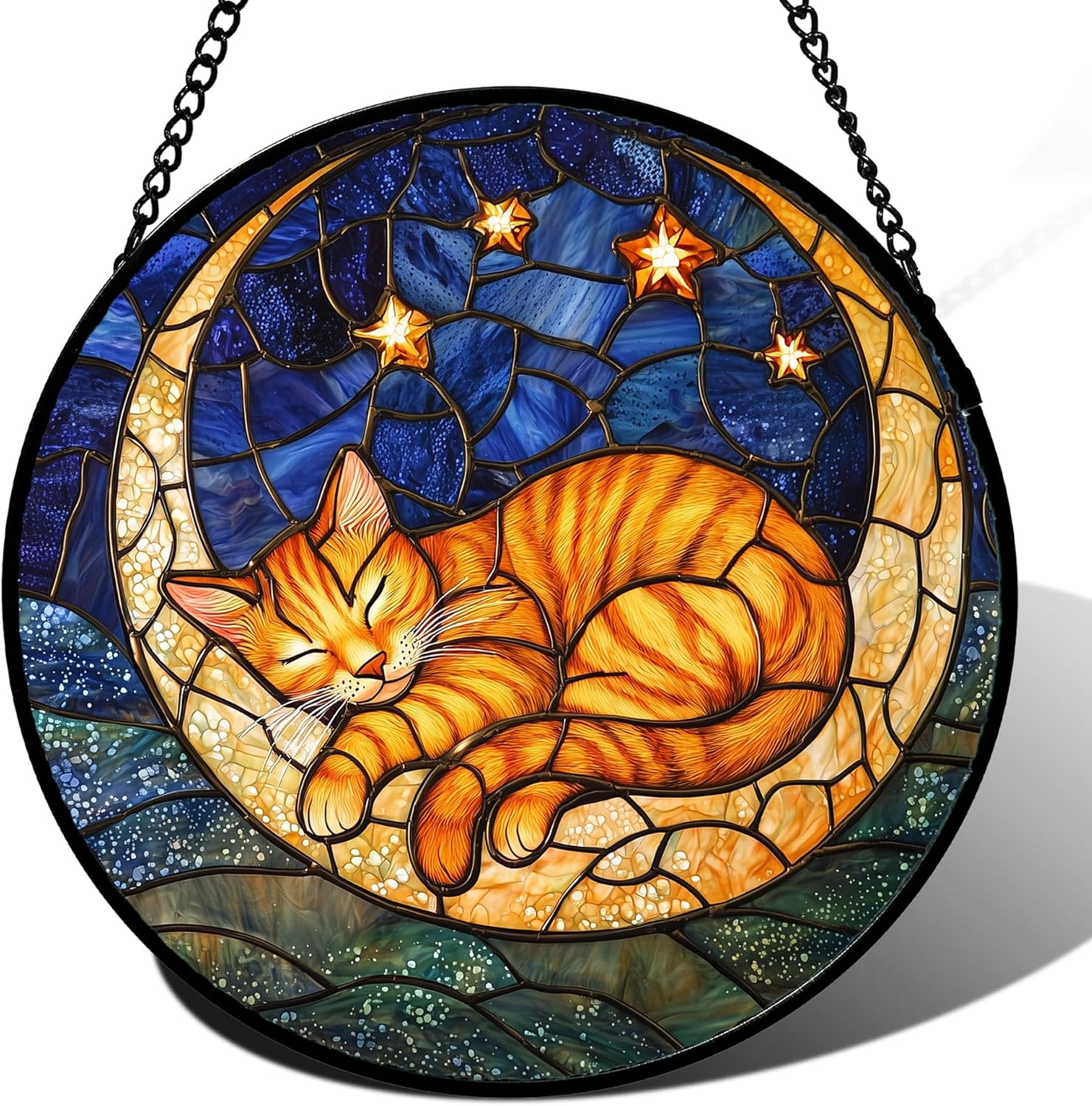 Stained Glass Window Hanging - Orange Moon Sleeping Cat Sun Catcher for Door Home Decor Blue Starry Sky Suncatcher Christmas Mother's Day Birthday Gifts for Women Men Mom Nana 11.8 in
