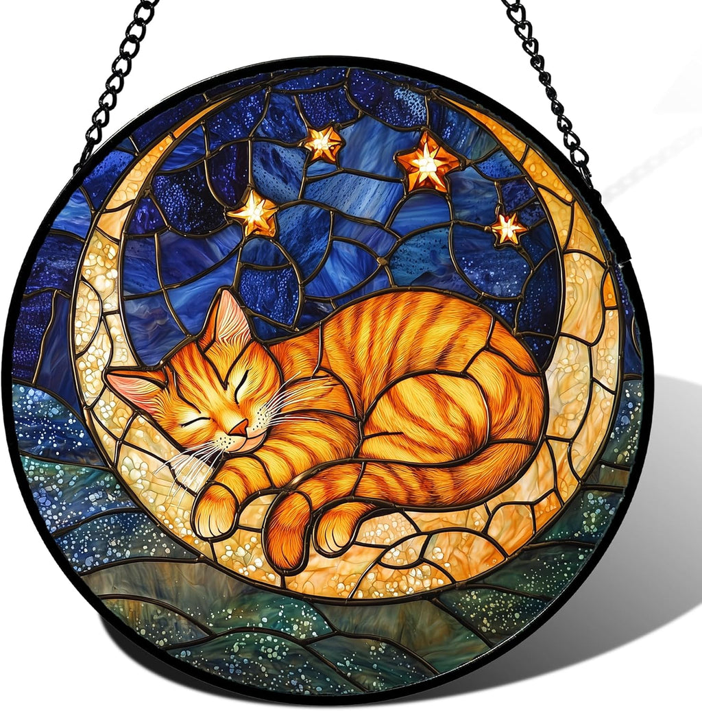 Stained Glass Window Hanging - Orange Moon Sleeping Cat Sun Catcher for Door Home Decor Blue Starry Sky Suncatcher Christmas Mother's Day Birthday Gifts for Women Men Mom Nana 6.3 in