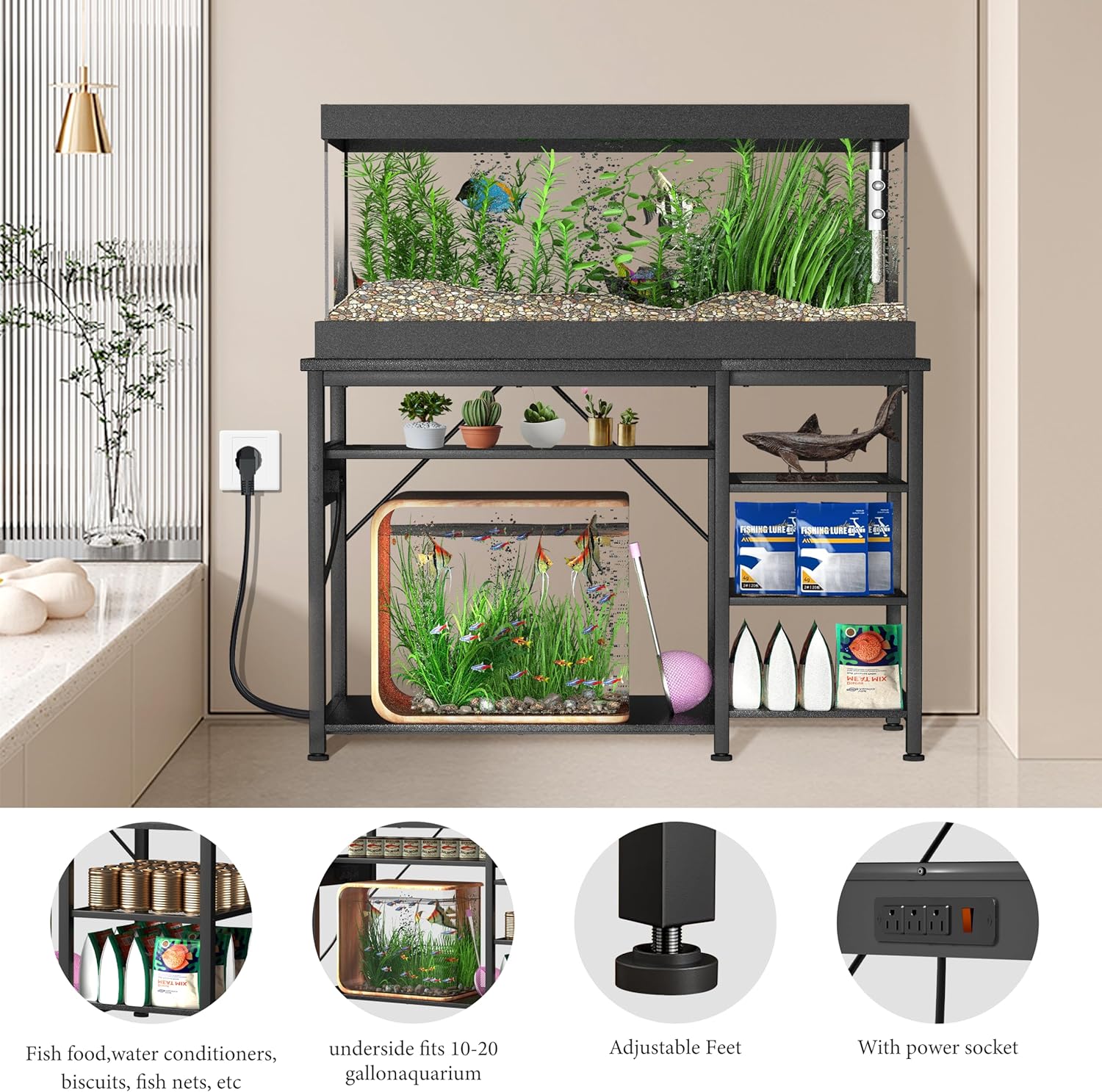 20-40 Gallon Fish Tank Stand: Heavy Duty Aquarium Stand with Power Outlets and Cabinet for Fish Tank Accessories Storage - Metal Frame, 800LBS Capacity, Suitable for Fish & Reptile Terrariums