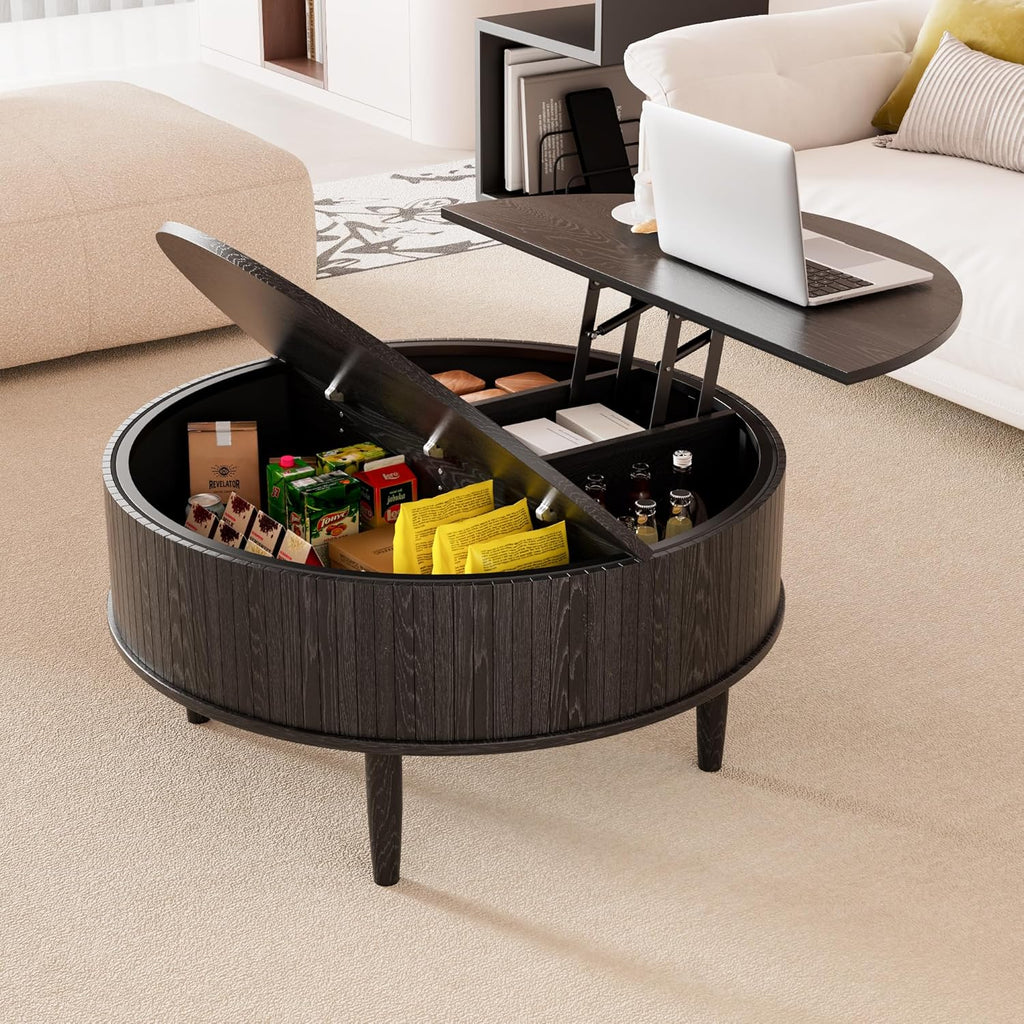 Round Fluted Lift Top Coffee Table with Storage, Mid Century Modern Coffee Table for Living Room, Home Small Space,31.5" Fluted Center Table (Black, 31.5inch)