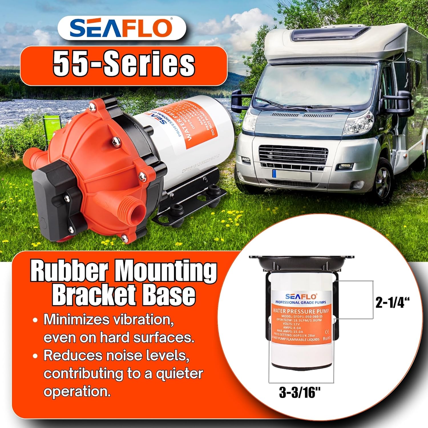 SEAFLO 55-Series Diaphragm Pump - 12V DC, 5.5 GPM, 60 PSI with Heavy Duty Pressure Switch | Self-Priming, Quiet Operation, 4-Year Warranty | Ideal for RV, Marine, and Off-Grid Water Systems