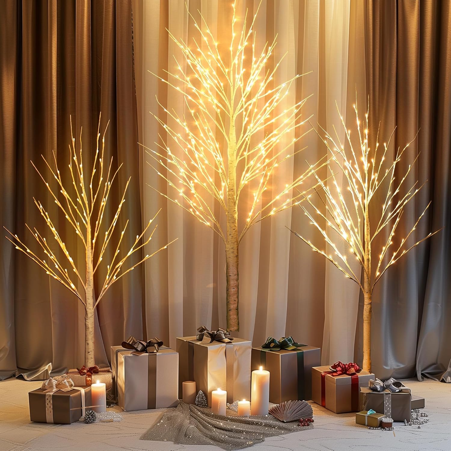 Dazzle Bright 3 Pack Light up Birch Tree, 4FT 96 LED/ 5FT 120 LED/ 8FT 240 LEDs Pre lit Birch Christmas Tree for Xmas Indoor Outdoor Home Party Garden Decor