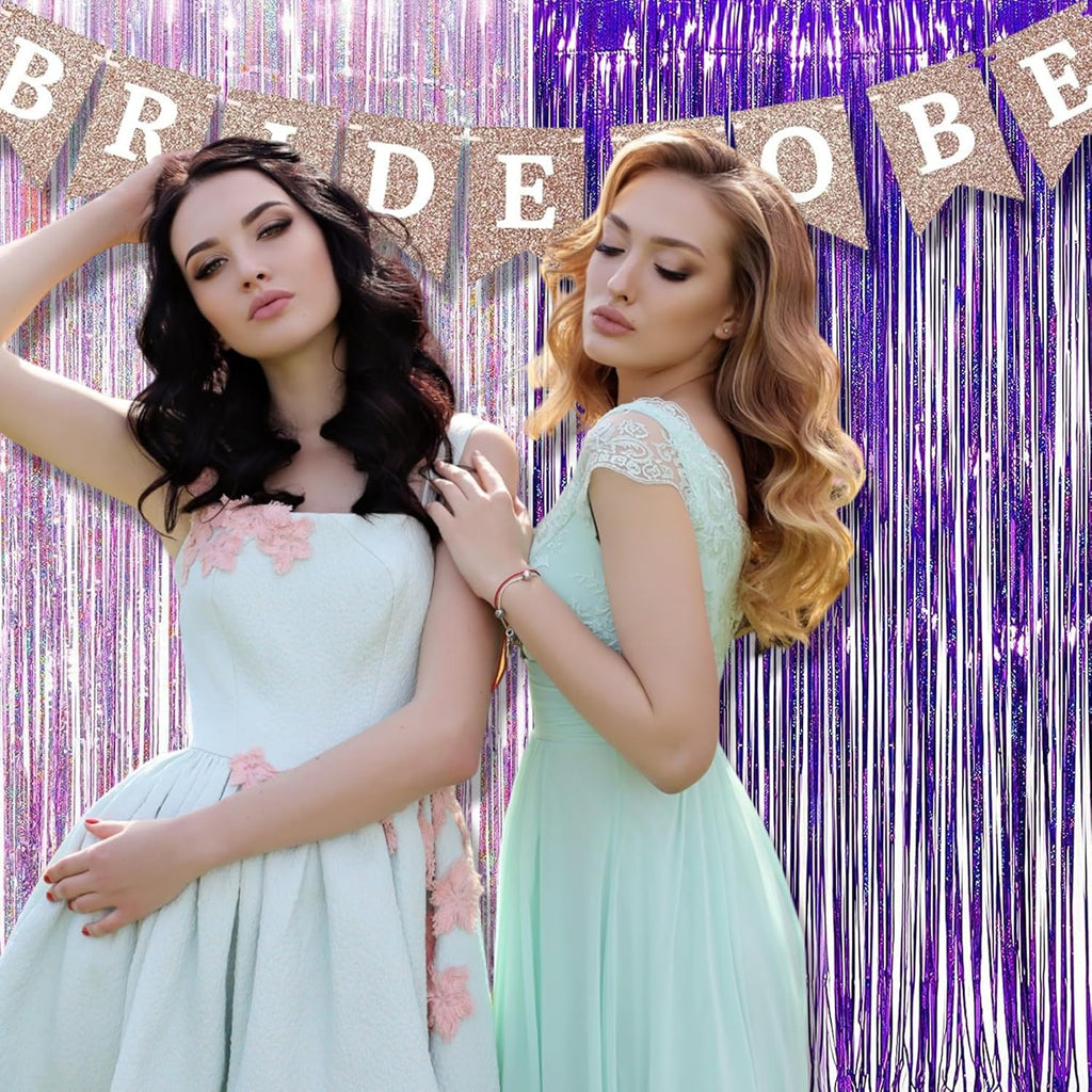 BRAVESHINE 1 Purple 1 Pink Streamers Party Backdrop - 3.2 ft x 8.2 ft Metallic Tinsel Foil Fringe Curtains for Hunters/Christmas/Girl/Women/Birthdays/Engagement/Bridal Shower/Bachelorette Decorations