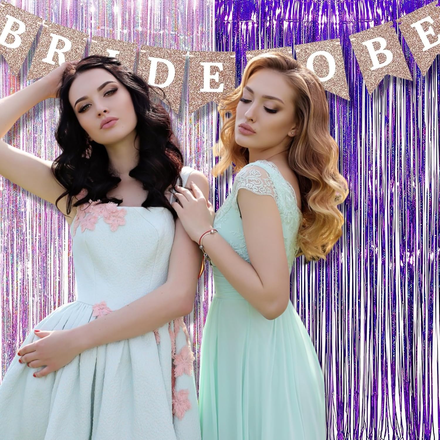 BRAVESHINE 1 Purple 1 Pink Streamers Party Backdrop - 3.2 ft x 8.2 ft Metallic Tinsel Foil Fringe Curtains for Hunters/Christmas/Girl/Women/Birthdays/Engagement/Bridal Shower/Bachelorette Decorations