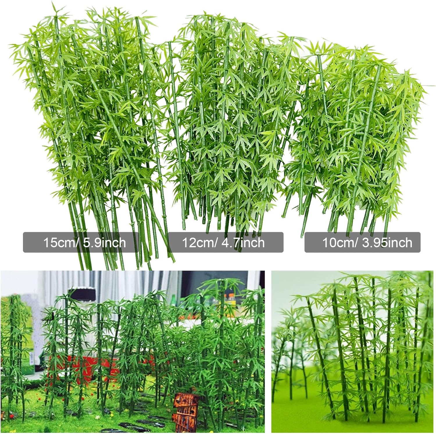Woohome Miniature Bamboo Trees, 60 PCS Model Bamboo Trees Landscape Bamboo Tree and 2 PCS Fake Moss Rocks Decorative Moss Balls Model Artificial Plants for Home Decoration, Fairy Gardens