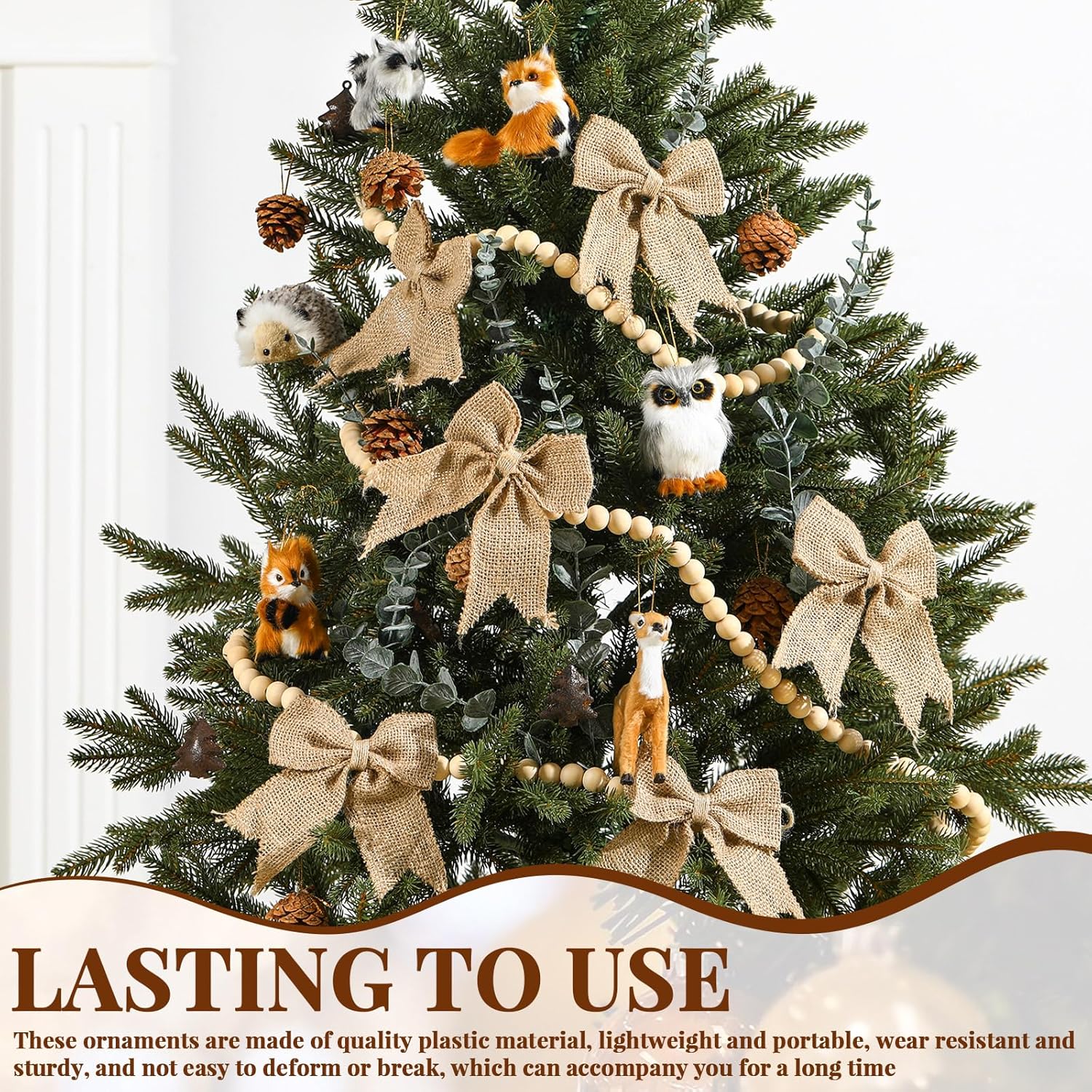 Jenaai 55 Pcs Woodland Christmas Ornaments Set with 6 Woodland Animals Ornaments 10ft Wood Bead Garland 12 Burlap Bows Pine Cones 12 Tree Shaped Bell Pendant & Leaf Artificial for Forest Animals Decor