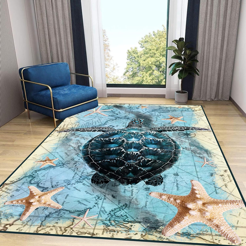 Nautical World Map Area Rug, 5x6ft, Coastal Sea Turtle Starfish Children's Rugs, Blue Ocean Themed Washable Dirty Resistant Mat, Soft Cozy Thin Easy Clean Mat for Floor Living Room