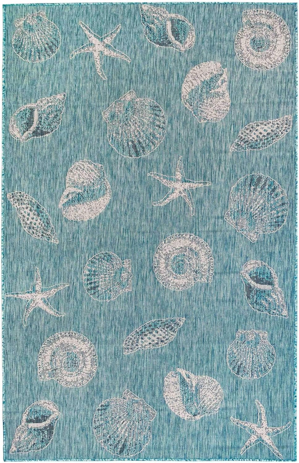 Liora Manne CARMEL Indoor/Outdoor Power Loomed Synthetic Blend Low Profile Area Rug - Transitional Coastal Seashell Decorative (Shells Aqua) (6'6" x 9'4")