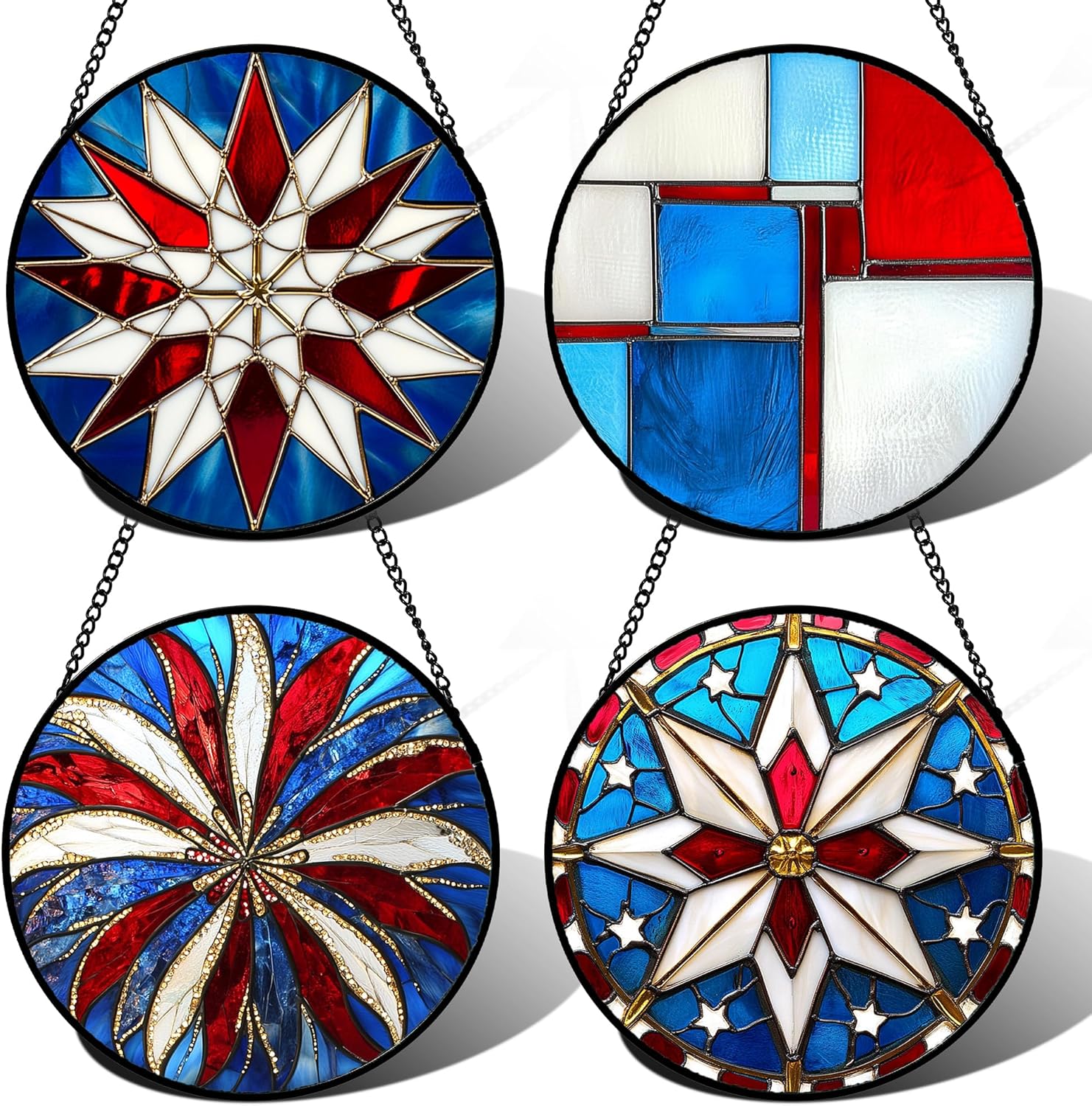 Stained Glass Window Hanging 4 Pcs Set Abstract Flowers in Red White Blue 6.3" - Suncatcher Door Garden Sun Catcher Decor Birthday Mother's Day Xmas Gift for Mom Woman Nana Men Parents