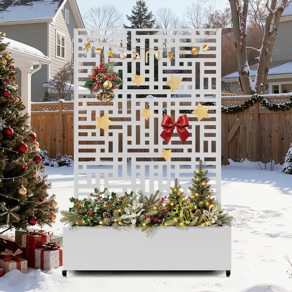 FENCY Metal Raised Garden Bed with Wheels and Trellis,73"x47"x16" Planter Box for Climbing Plants, Vegetables & Vines, Features Privacy Screen and Drainage Holes (White-Geometric Lattice)