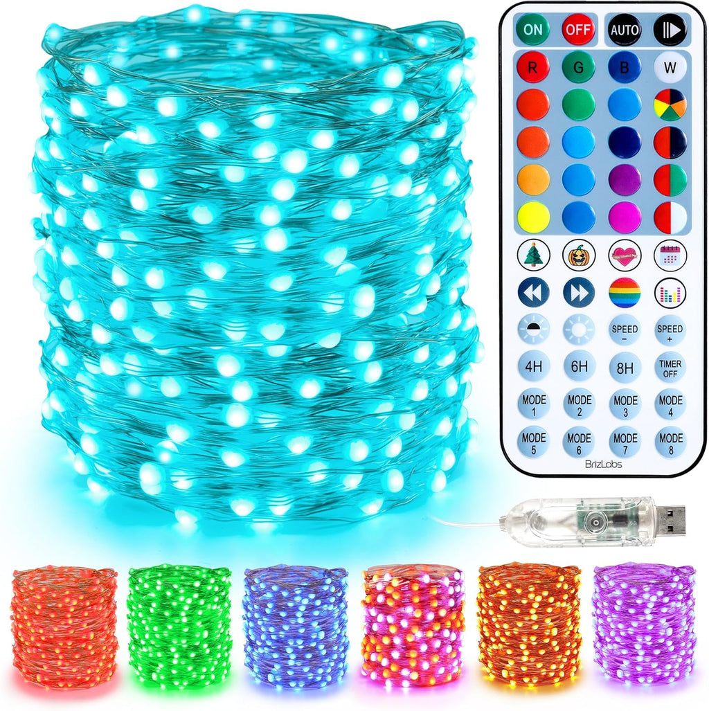 BrizLabs Christmas Fairy String Lights, 33ft 100 LED Color Changing Christmas Fairy Lights with Remote Timer, USB Rainbow Xmas Light Music Sync RGB Twinkle Light for Xmas Halloween Home Party Wedding