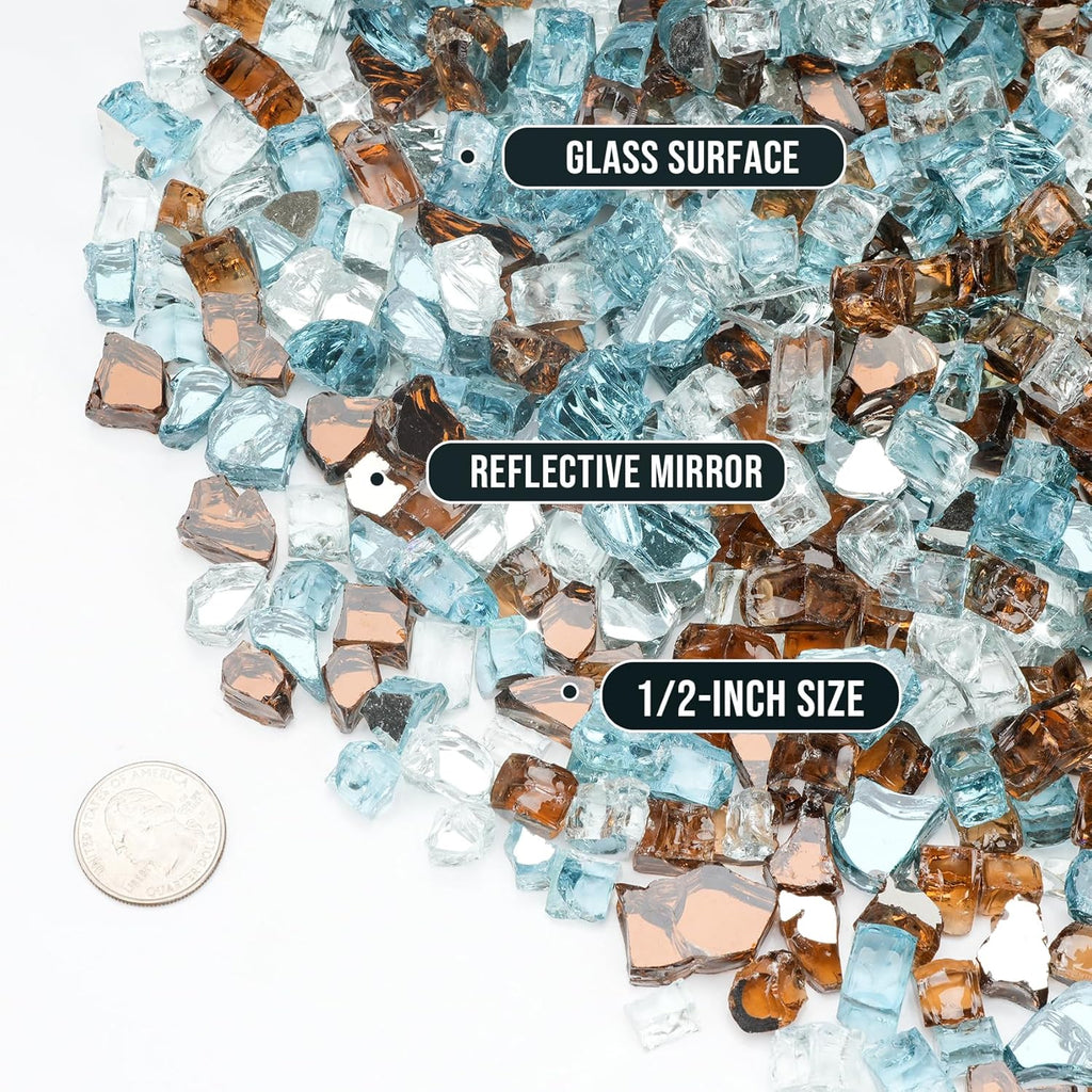Skyflame 10-Pound Blended Fire Glass for Fire Pit Fireplace Landscaping, 1/2 inch Aqua Blue, Platinum, Copper Reflective