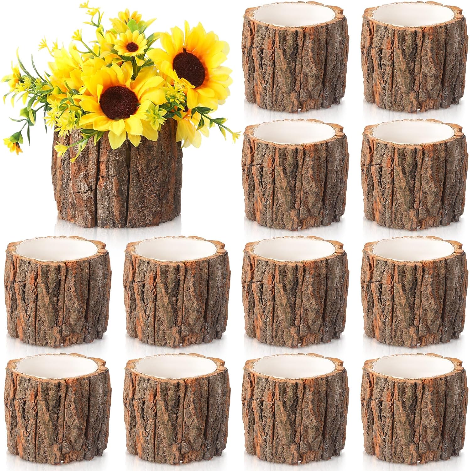 12 Pcs Wooden Vase for Centerpieces Christmas Table Decor Wooden Flower Vase Rustic Bark Stump Buckets Vintage Wood Planter Pots for Xmas Woodland Party Wedding Window Home Farmhouse (Large)