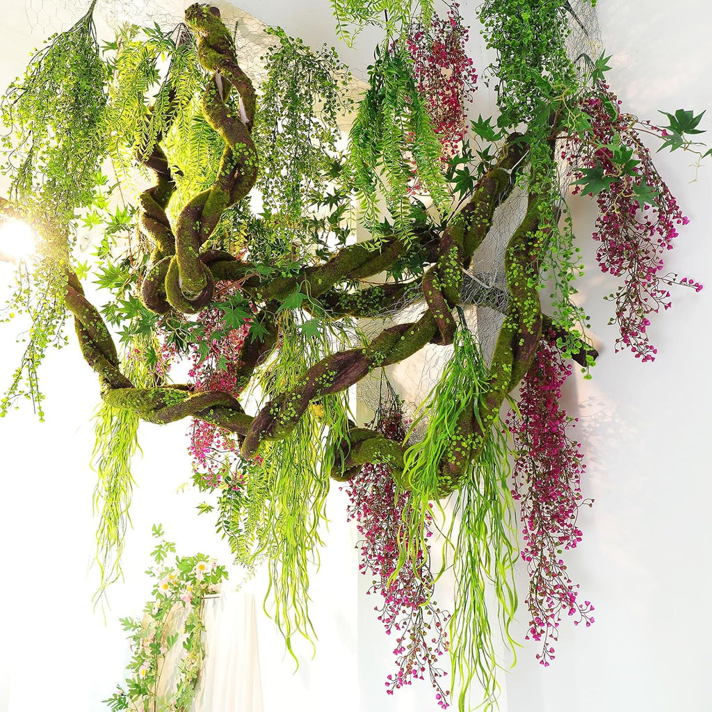 190cm/74.8inches Big Bendable Artificial Tree Trunk Cherry Blossom Grape Vine Wisteria Branches Fake Green Plants Garland Twigs for Garden Wall Hanging Front Door Fireplace Halloween Decor