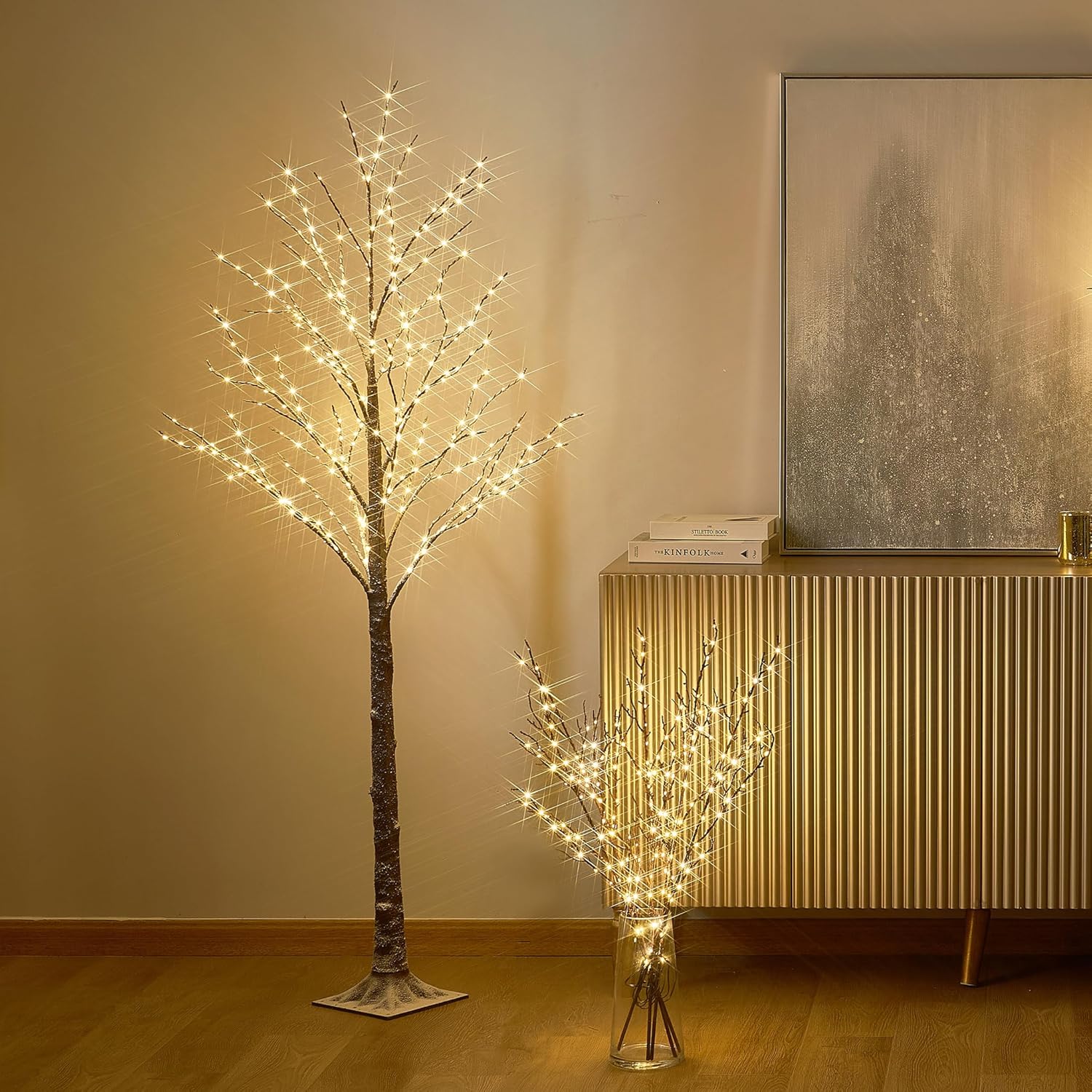 Hairui Lighted Snow Flocked Twig Tree with Fairy Lights 6FT 330 LED for Indoor Home Thanksgiving Christmas Holiday Decoration