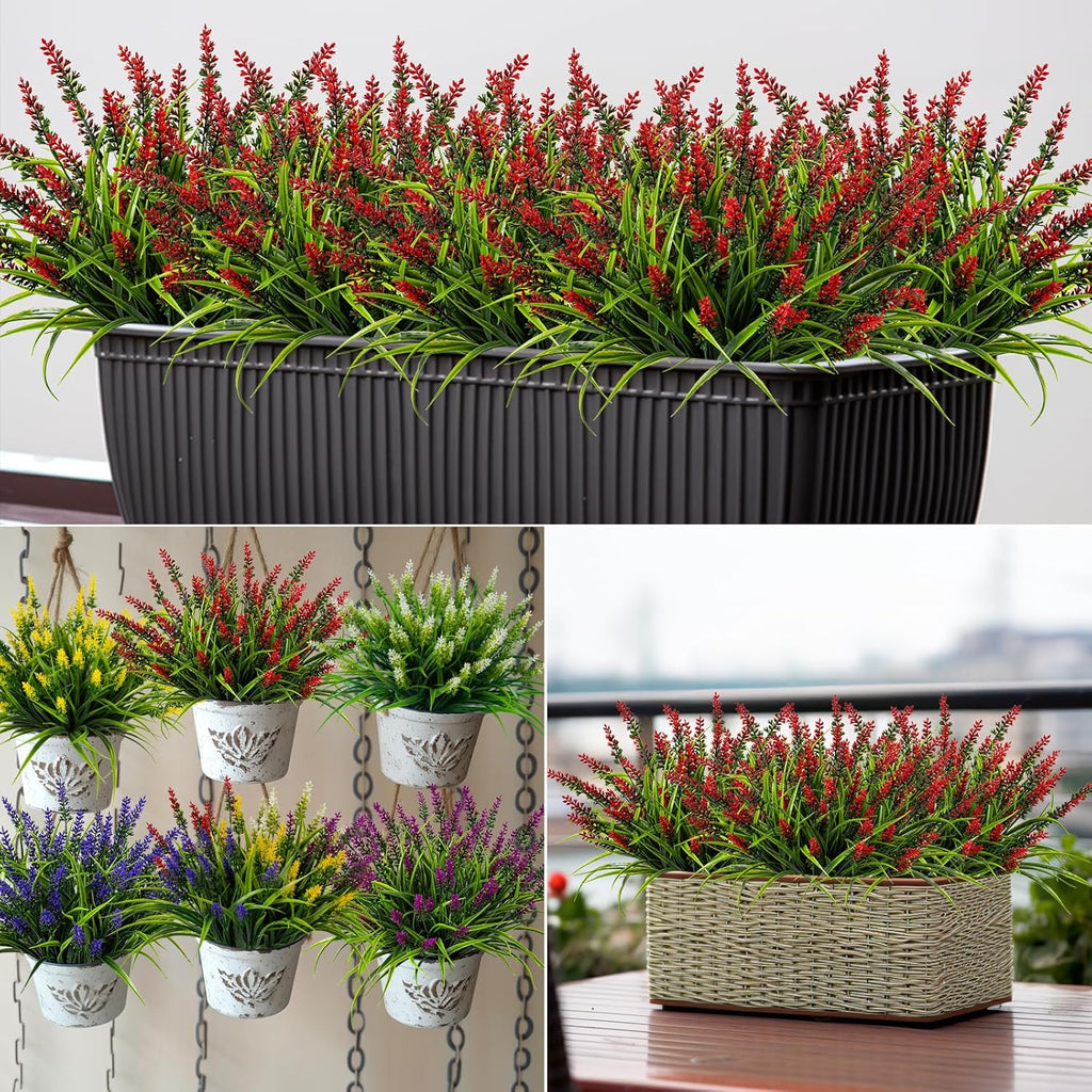 Artificial Flowers for Outdoor Plants 24 Bundles Fake Lavender Plastic Faux Monkey Grass for Verandah Window Garden Office Patio Front Porch UV Resistant for Planter(Red)
