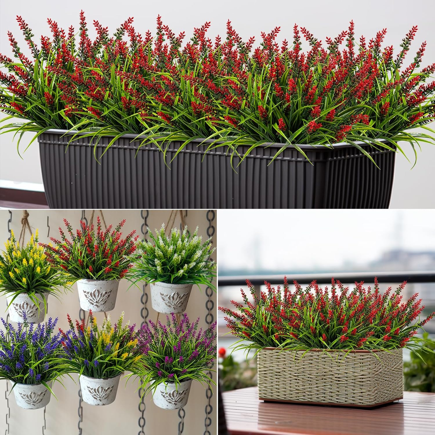 Artificial Flowers for Outdoor Plants 24 Bundles Fake Lavender Plastic Faux Monkey Grass for Verandah Window Garden Office Patio Front Porch UV Resistant for Planter(Red)