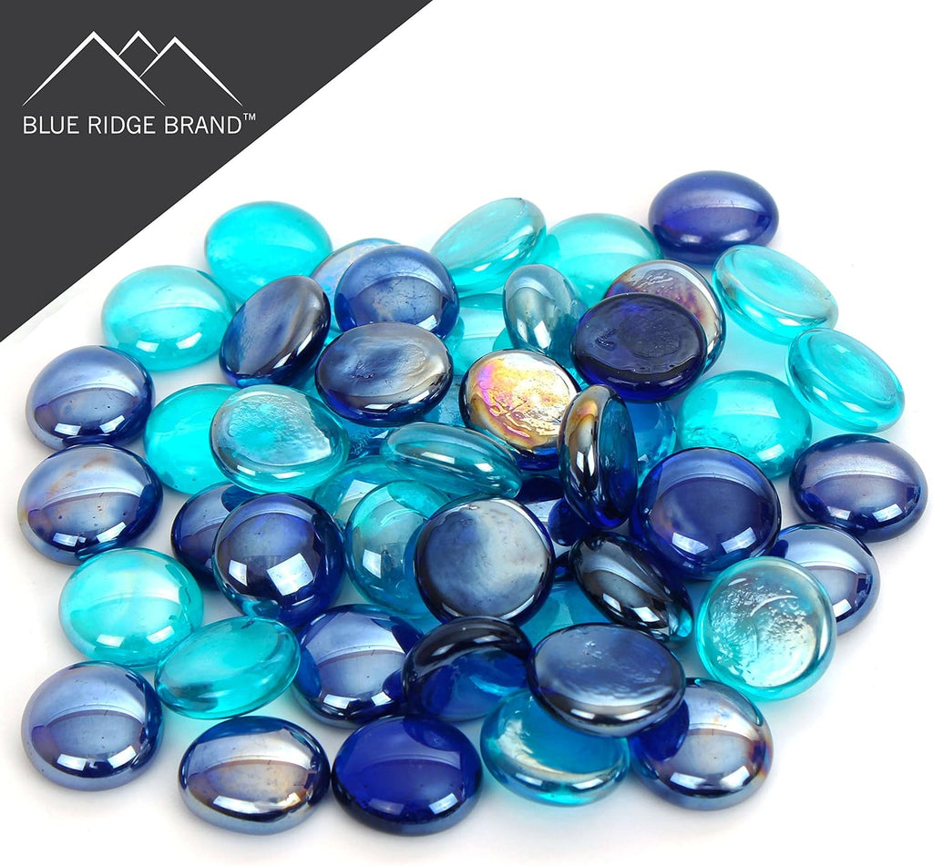 Reflective Fire Pit Glass Beads - Professional Grade Fire Glass for Fire Pit - 3/4" Firepit Glass Rock - Glass Stones - Fireplace Glass (10 Pound, Light Blue, Aqua Blue, Dark Blue)