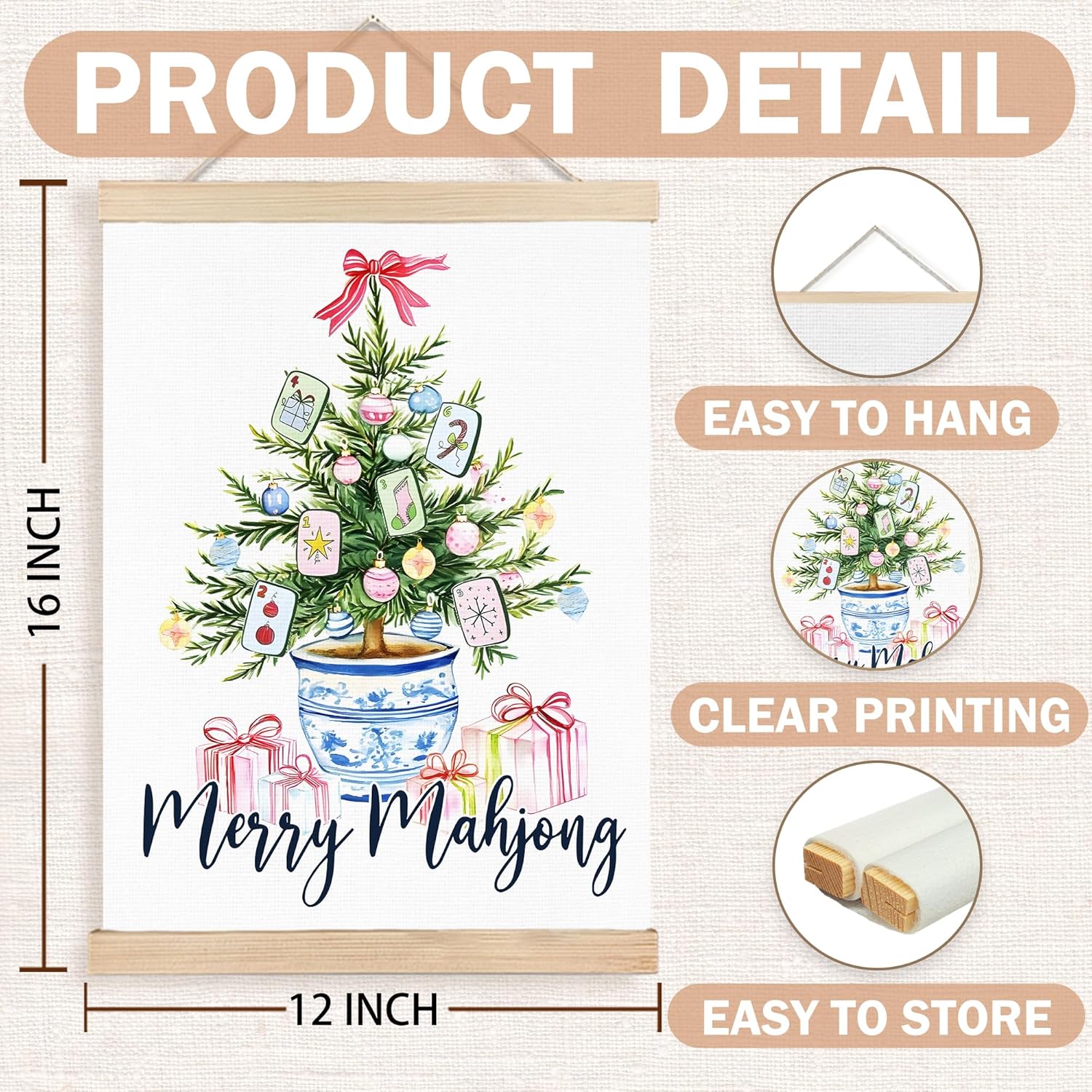 FDHSPAAM Chinoiserie Christmas Mahjong Tree Wall Art Decor, Gifts for Mahjong Players Lovers, Preppy Grandmillennial Christmas Tree Wall Art Posters for Home Bedroom Living Room, 12x16 Inch
