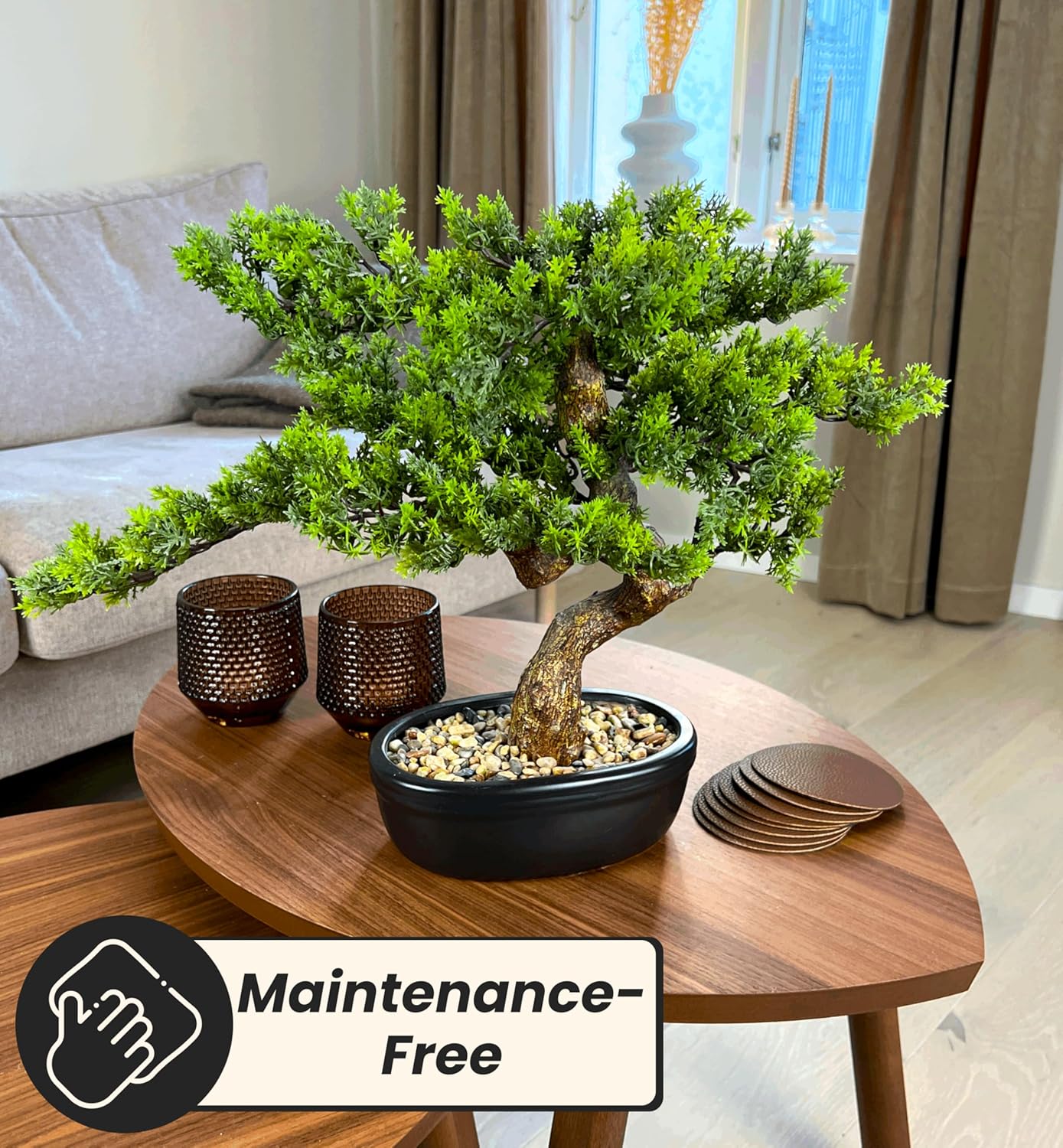Artificial Bonsai Tree 16" Tall with Realistic Wood and Ceramic Pot, Fake Plants for Home, Bedroom and Office Desk, Japanese Decor