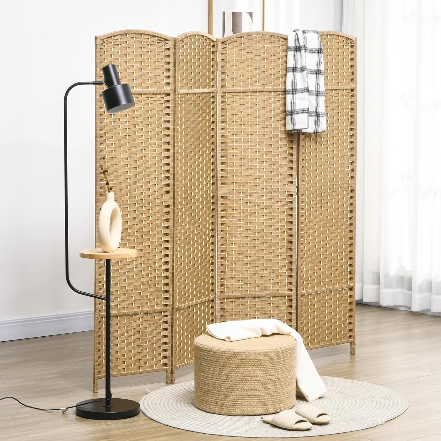 HOMCOM Room Divider, 4 Panel Folding Privacy Screen, 5.6' Tall Freestanding Wall Partition for Home Office, Bedroom, Nature Wood