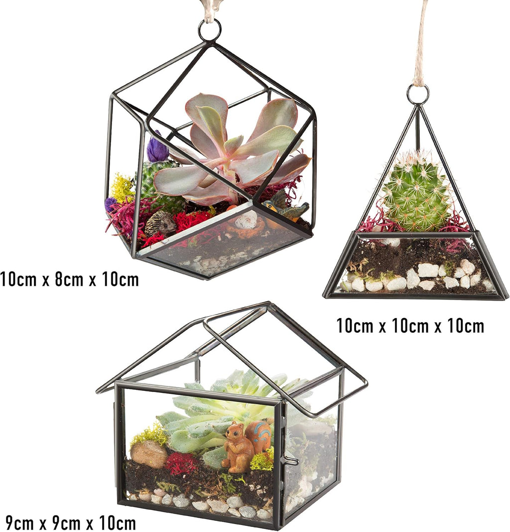 D'Eco Glass Mini Geometric Plant Terrariums, 3Pk- Hanging Triangle, House & Prism Planters for Home Decor - Fill w/Succulents, Holiday Decorations, Mini Trees & Ornaments- Xmas Gift for Plant Lovers