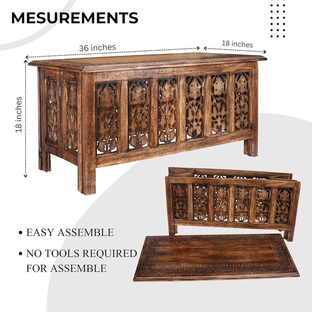 Wooden Coffee Table 36x18 Inch – Hand-Carved Solid Wood Center Table, Vintage Burnt Finish Modern Coffee Table for Living Room, Entryway Table for Magazines, Books & Plants