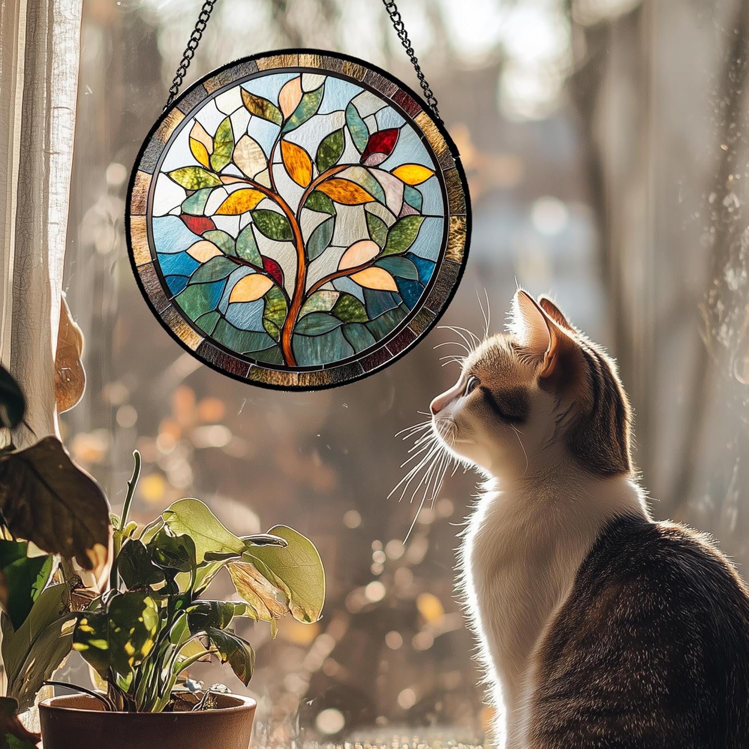 Stained Glass Window Hanging Colorful Tree of Life 9.8" - Plant Leaves Suncatcher Door Garden Sun Catcher Home Decor Birthday Christmas for Mom Men Woman Nana Friend