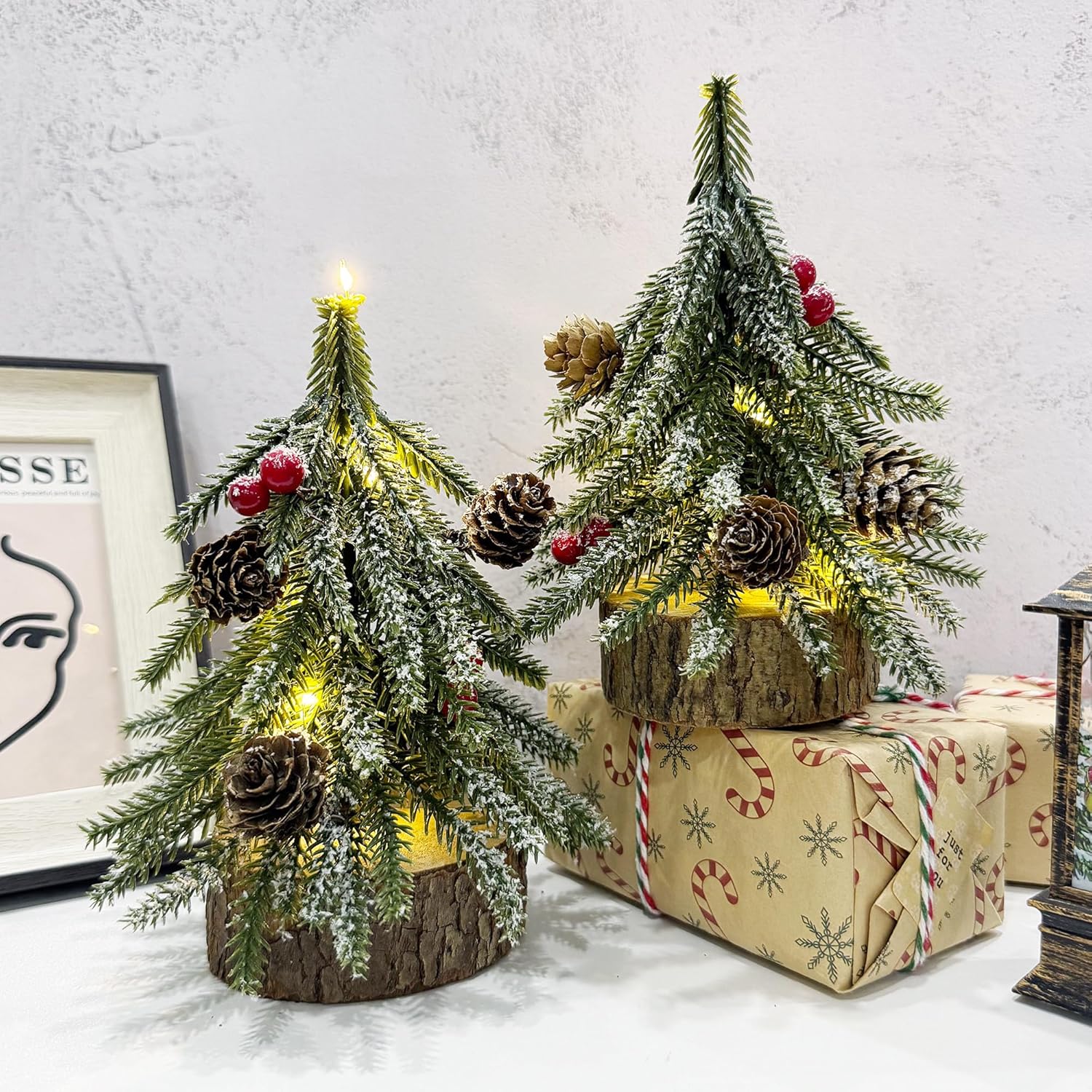 2 Pack Artificial Christmas Tabletop Mini Pine Trees, 6.5 in Tall Lighted Holiday Decorations with Wooden Base, Red Berries, Pine Cones Snowflake for Home Table Windowsill Office Desk Mantel