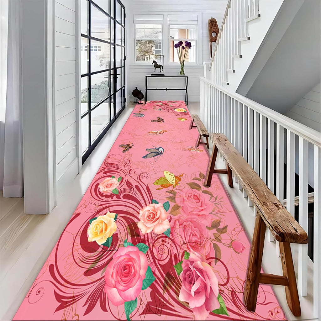 Butterfly Flower Carpet, 4x10ft, Modern Art Peony Flower Hallway Runner Rug, Durable Machine Washable Carpet for Entryway, Shed Resistant Low Pile Pet Friendly Mat for Sofa Bedside