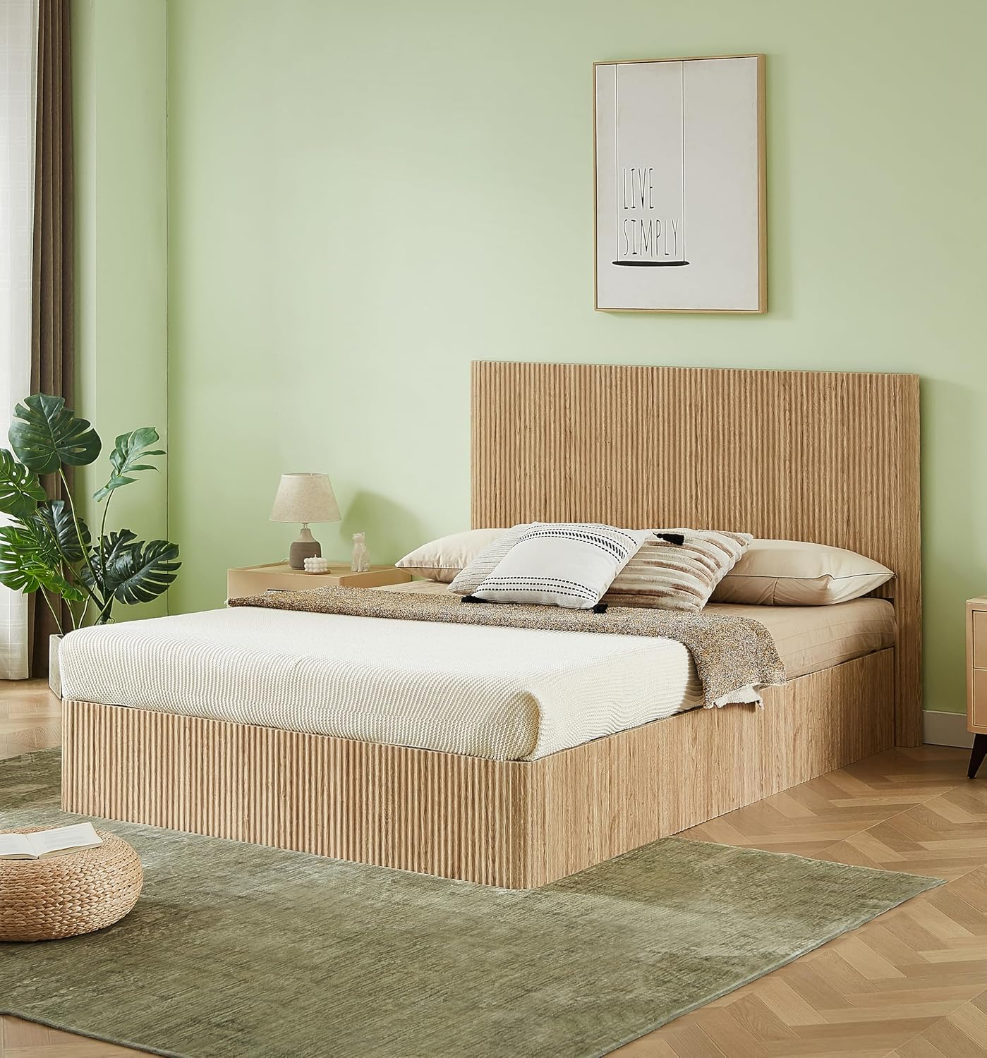 KEIKI Queen Size Wood Platform Bed Bedframe with Lift Up Hydraulic Storage,Corrugated Curved Lines Design for Bedroom