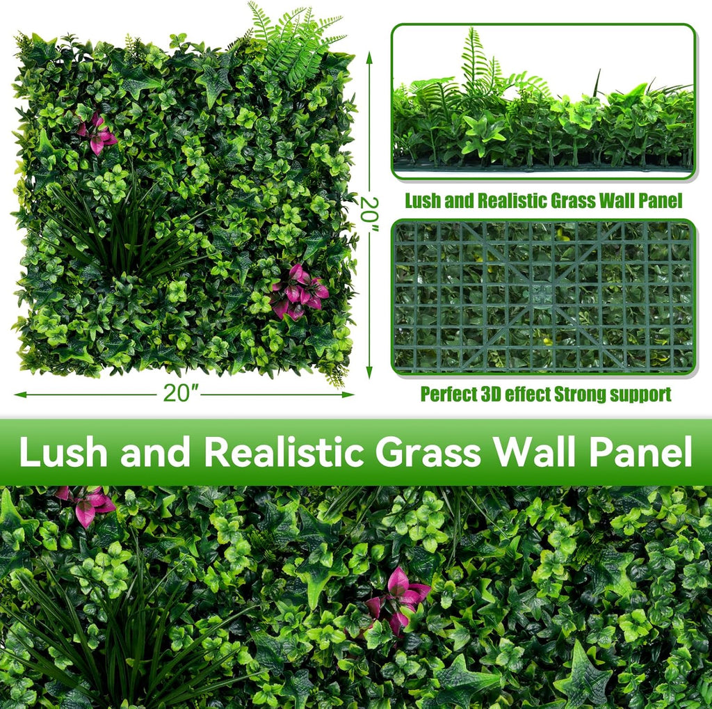 Artificial Grass Wall Panels, 20"x20" 8pcs Grass Backdrop with Mint Plant Leaves, UV-Anti Fake Greenery Plant Boxwood Panels for Privacy Fence Screen, Outdoor Green Wall Decor for Patio Garden