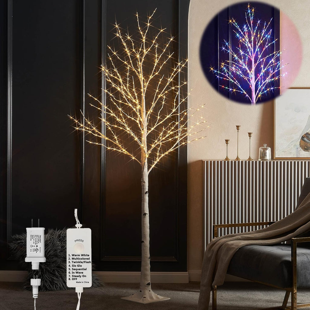 LITBLOOM Lighted Birch Tree Plug in with 8 Functions 6FT 330 Multi Color and Warm White Fairy Lights, White Christmas Tree with Lights for Indoor Outdoor Home Christmas Holiday Party Decoration