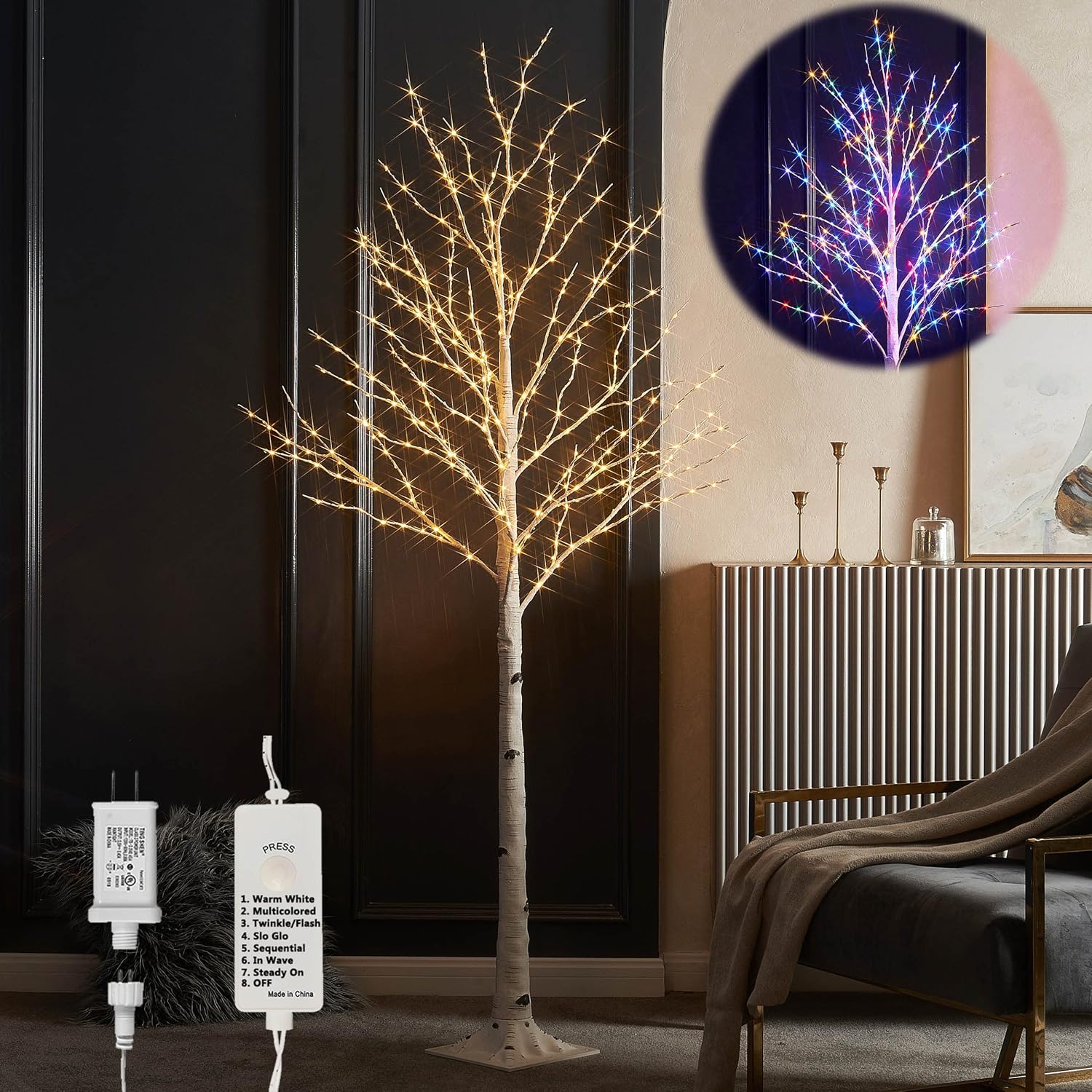 LITBLOOM Lighted Birch Tree Plug in with 8 Functions 6FT 330 Multi Color and Warm White Fairy Lights, White Christmas Tree with Lights for Indoor Outdoor Home Christmas Holiday Party Decoration