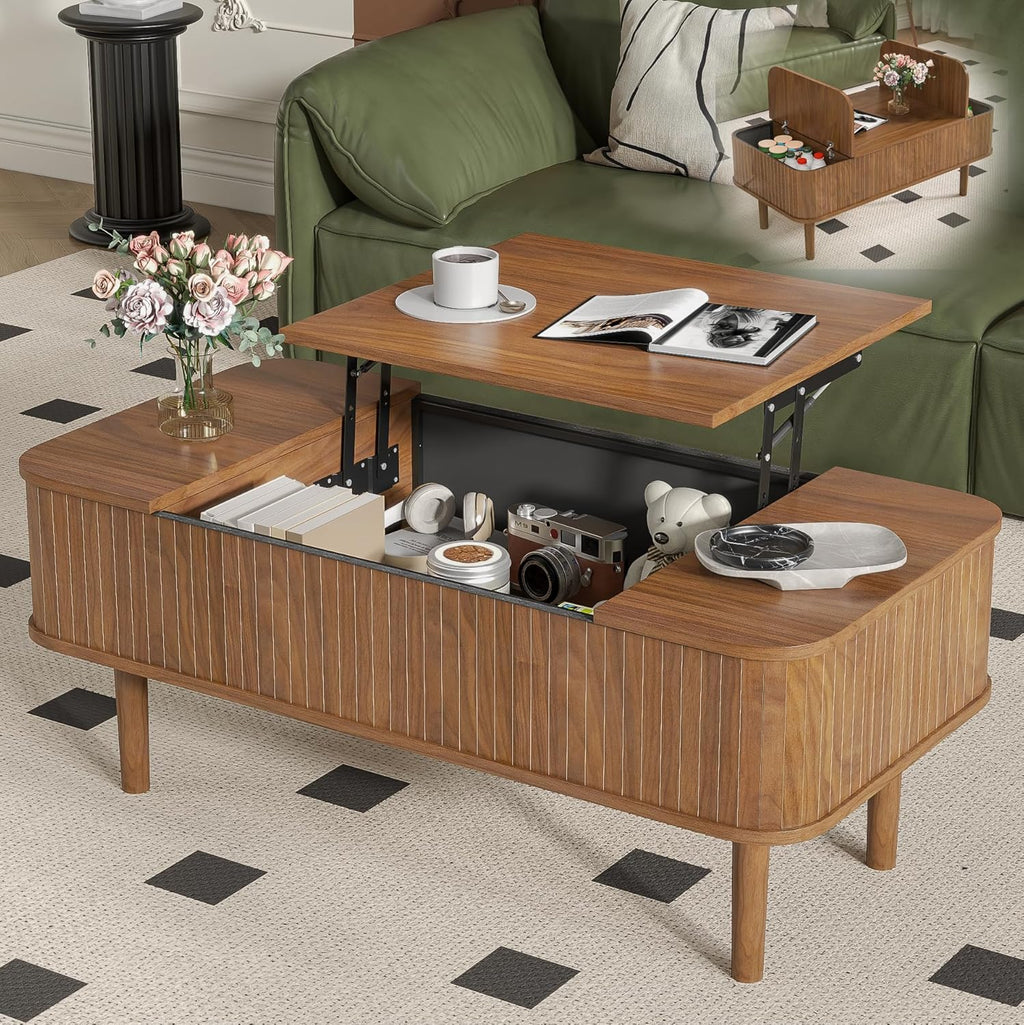 Fluted Lift Top Coffee Table with Storage, Mid Century Modern Coffee Table for Living Room, Home Small Space,39.4" Fluted Center Table (Rectangle-Walnut, 39.4inch)